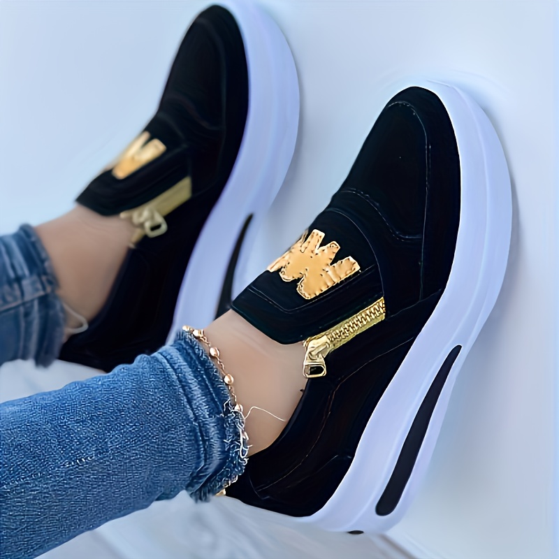 womens solid color platform sneakers slip on casual side zipper large size shoes lightweight low top wedge shoes details 0