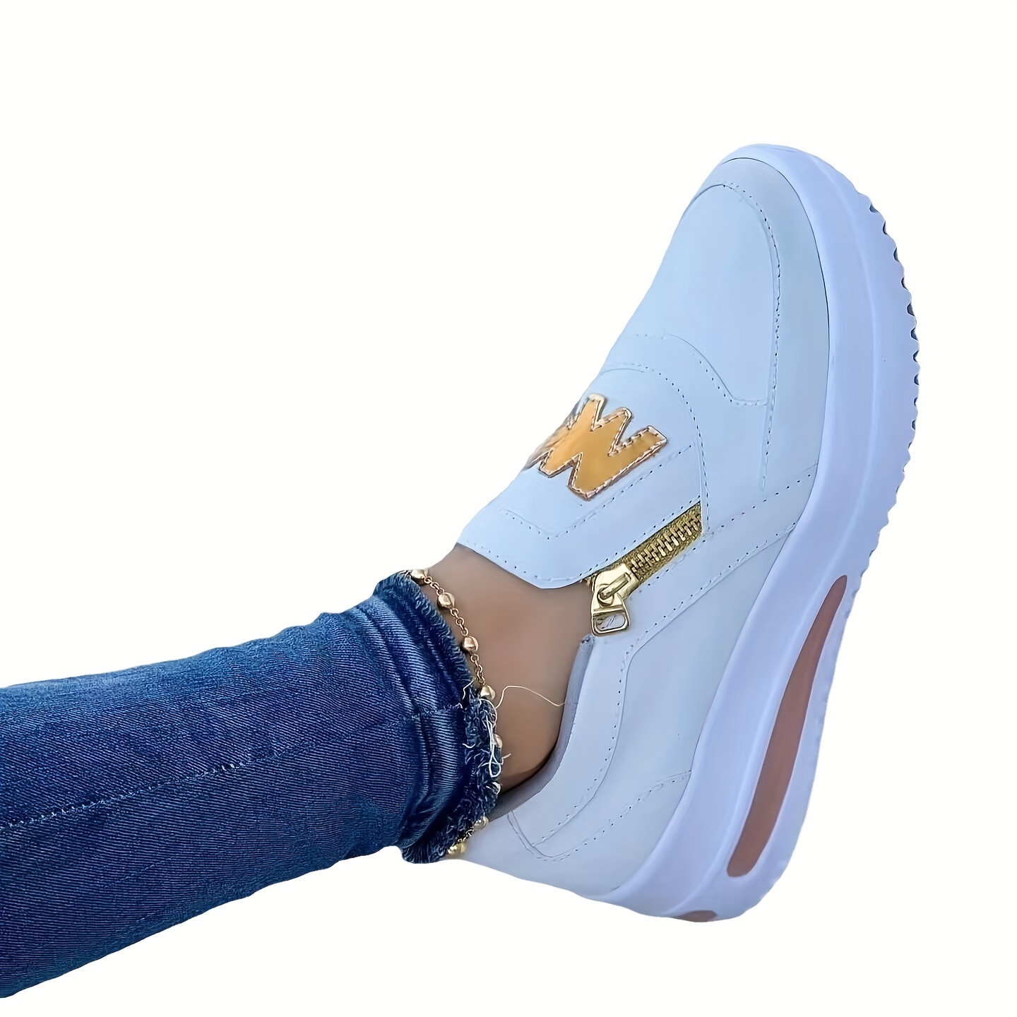 womens solid color platform sneakers slip on casual side zipper large size shoes lightweight low top wedge shoes details 4