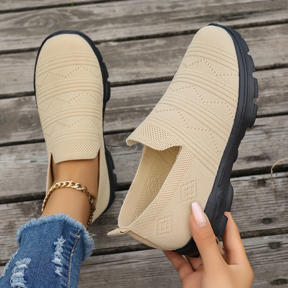 womens knit sock shoes breathable comfortable slip on shoes casual outdoor walking shoes details 2