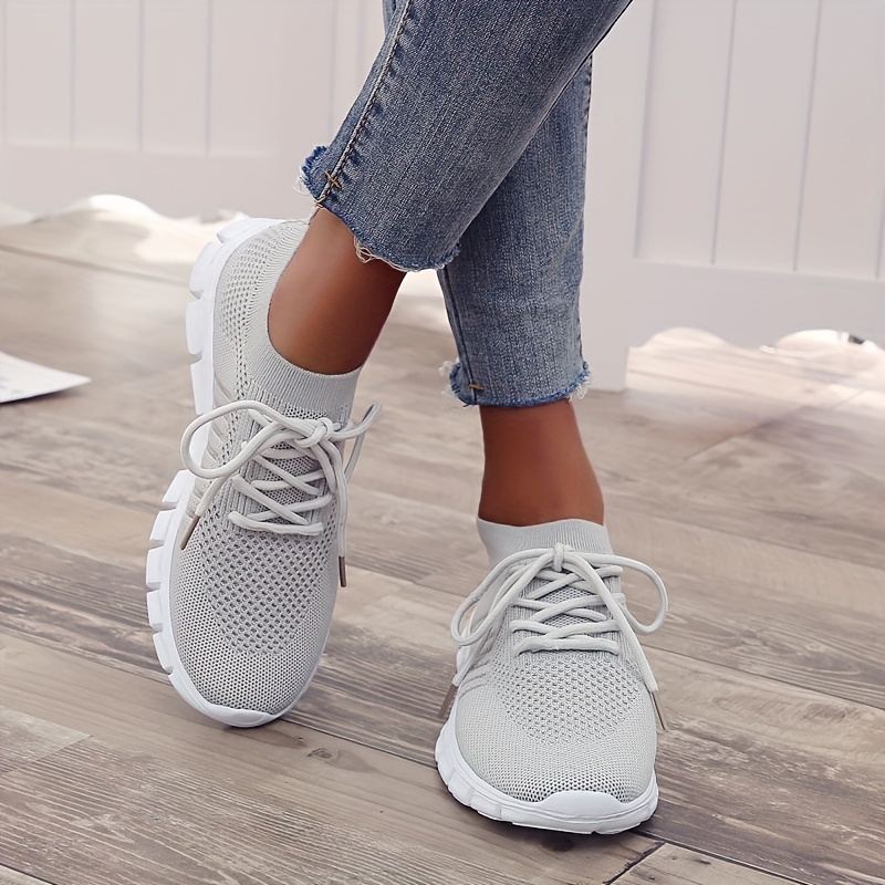 womens casual knitted sock sneakers comfortable solid color lace up running tennis jogging sneakers low top sports shoes details 1