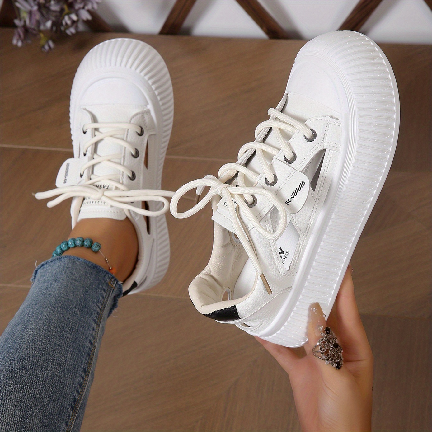 womens platform sneakers cut out round toe lace up low top shoes versatile breathable sandals details 0