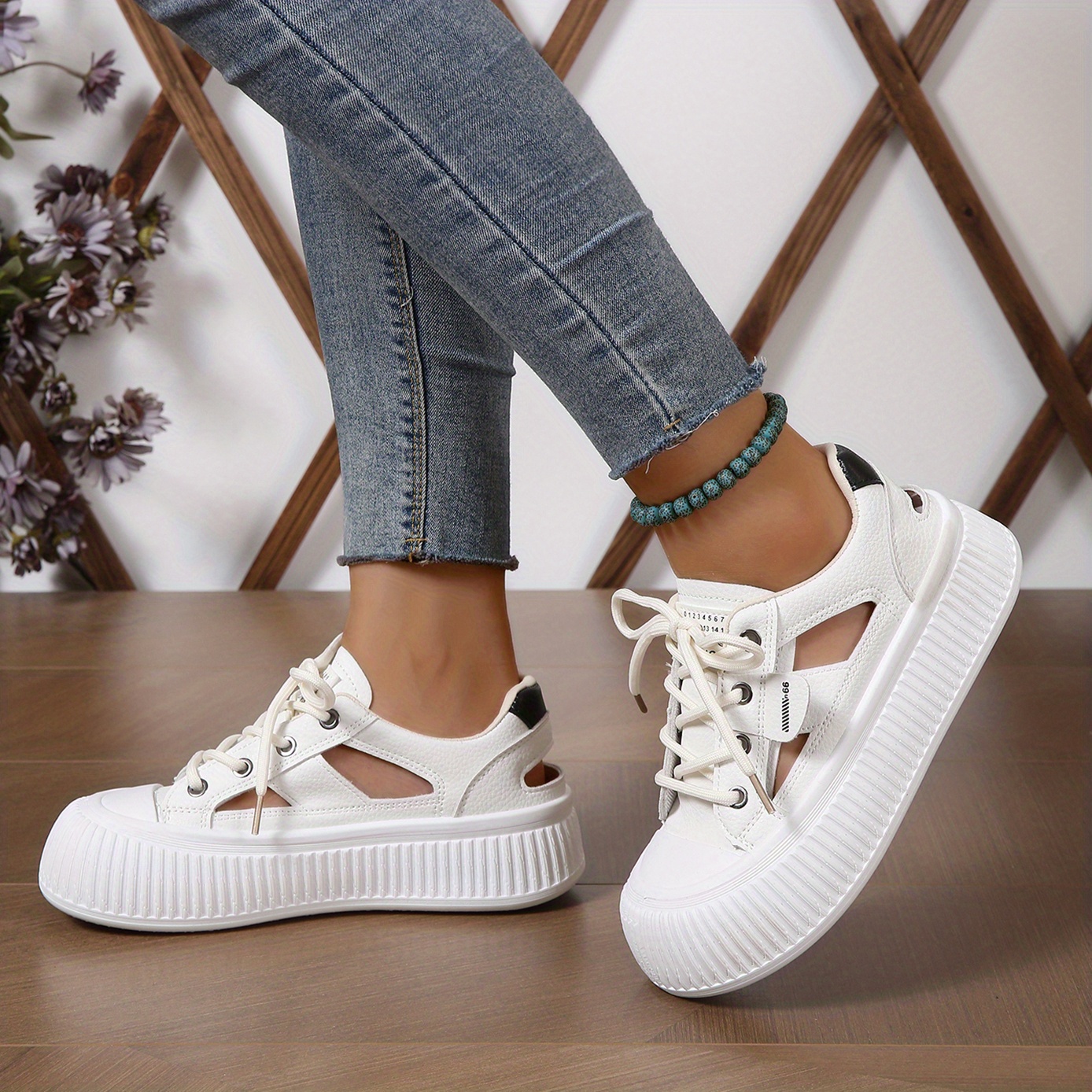 womens platform sneakers cut out round toe lace up low top shoes versatile breathable sandals details 2