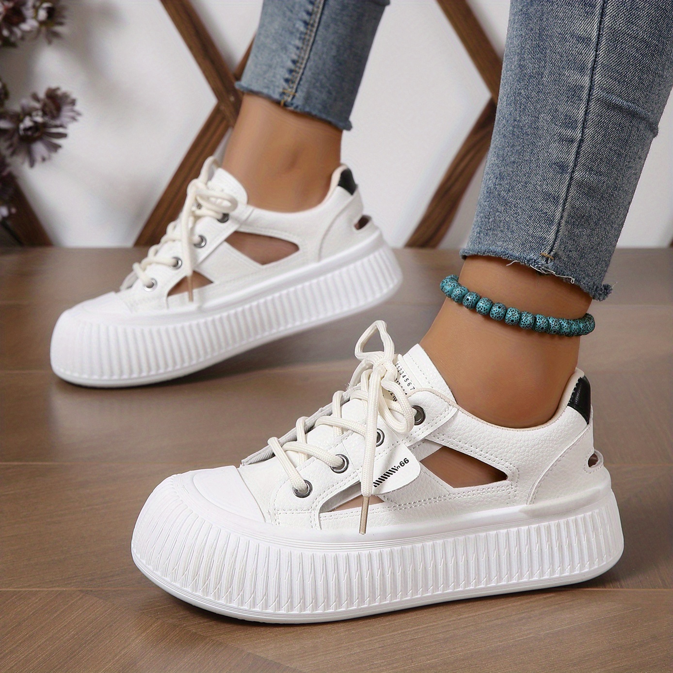 womens platform sneakers cut out round toe lace up low top shoes versatile breathable sandals details 4