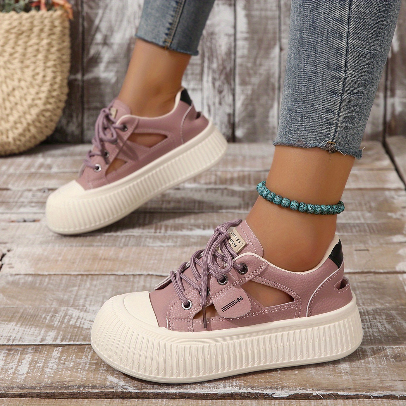 womens platform sneakers cut out round toe lace up low top shoes versatile breathable sandals details 7