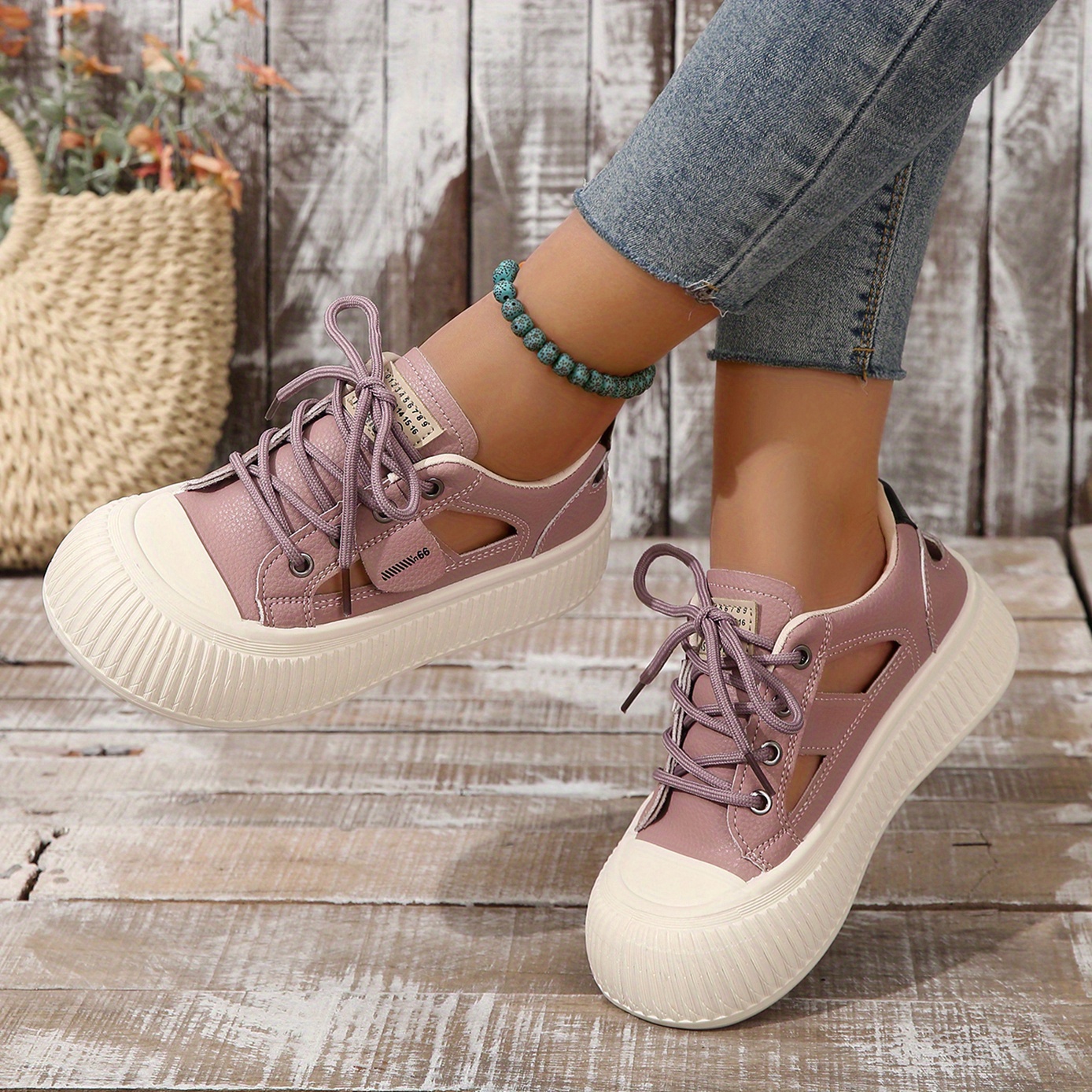 womens platform sneakers cut out round toe lace up low top shoes versatile breathable sandals details 8