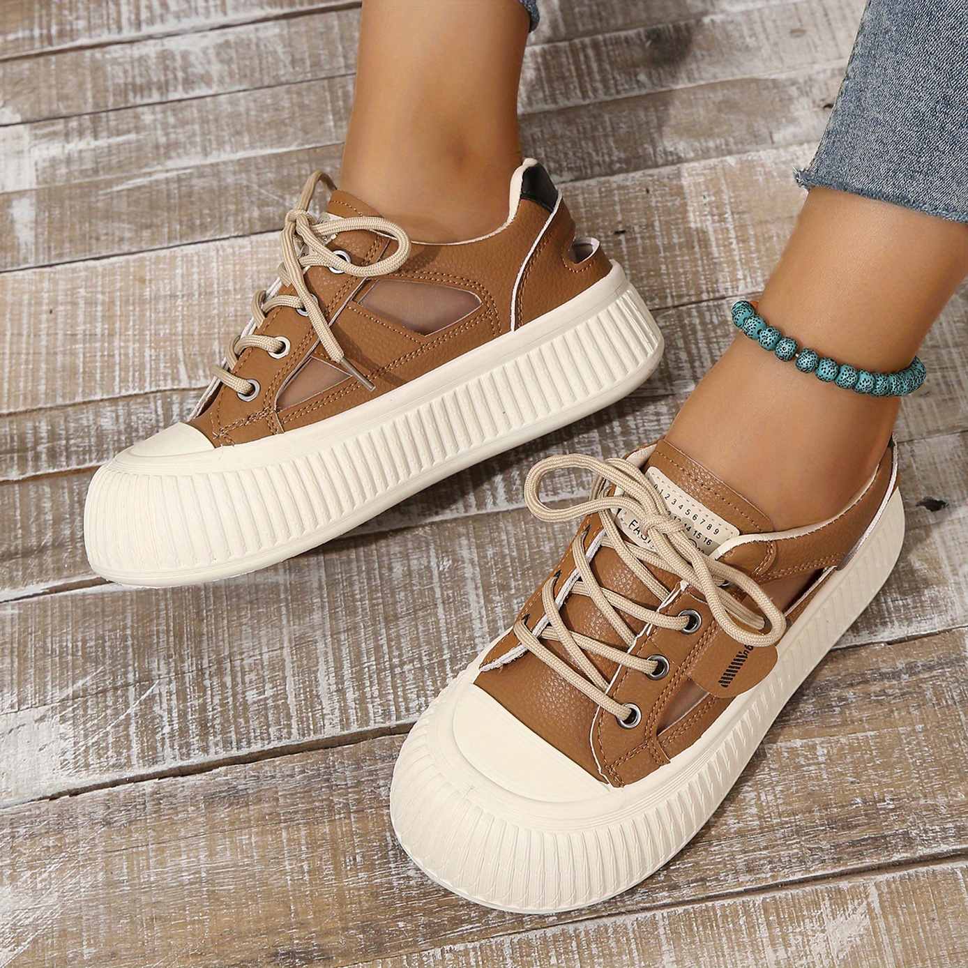 womens platform sneakers cut out round toe lace up low top shoes versatile breathable sandals details 14