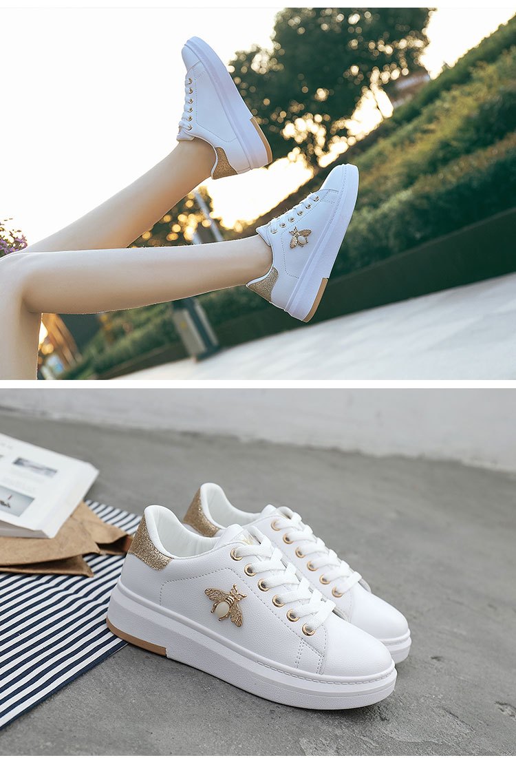 small white shoes womens 2022 autumn new all match thick soled bee decor casual skate shoes details 1