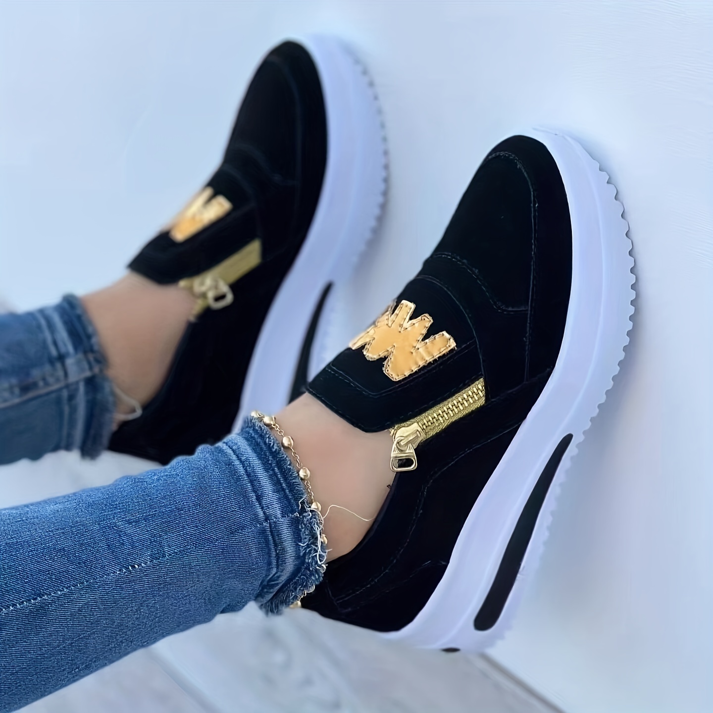 womens colorblock casual sneakers side zipper round toe low top lightweight thick bottom shoes versatile comfy shoes details 0