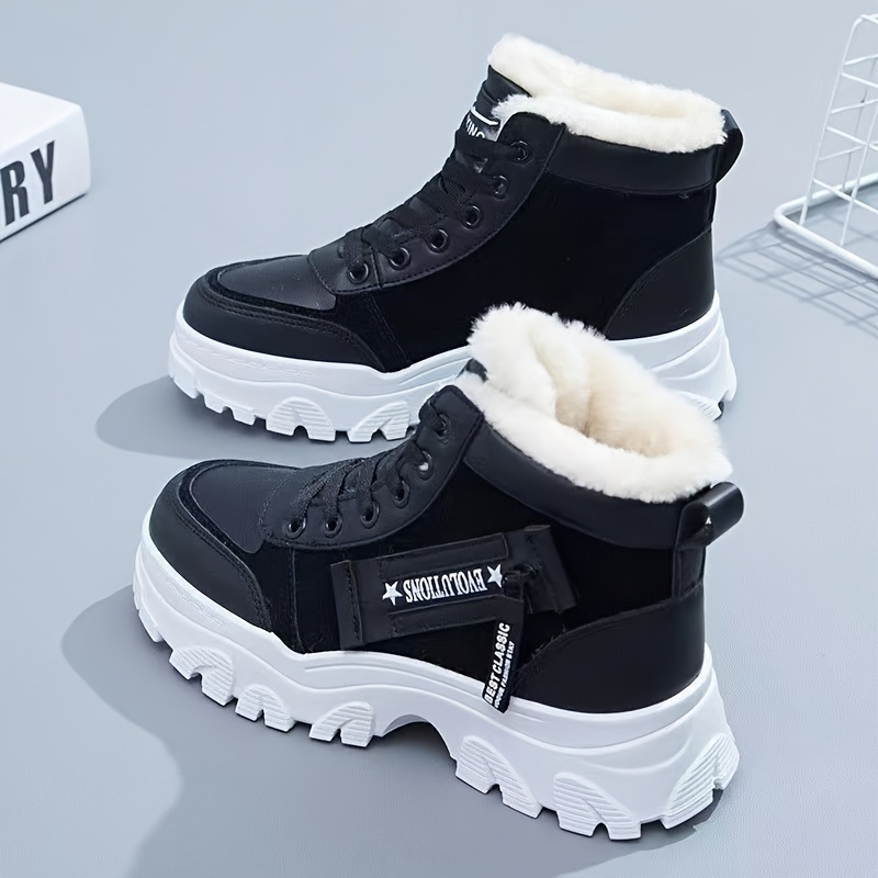 womens plush lined winter sneakers thermal lace up high top snow boots keep warm platform ankle boots details 1