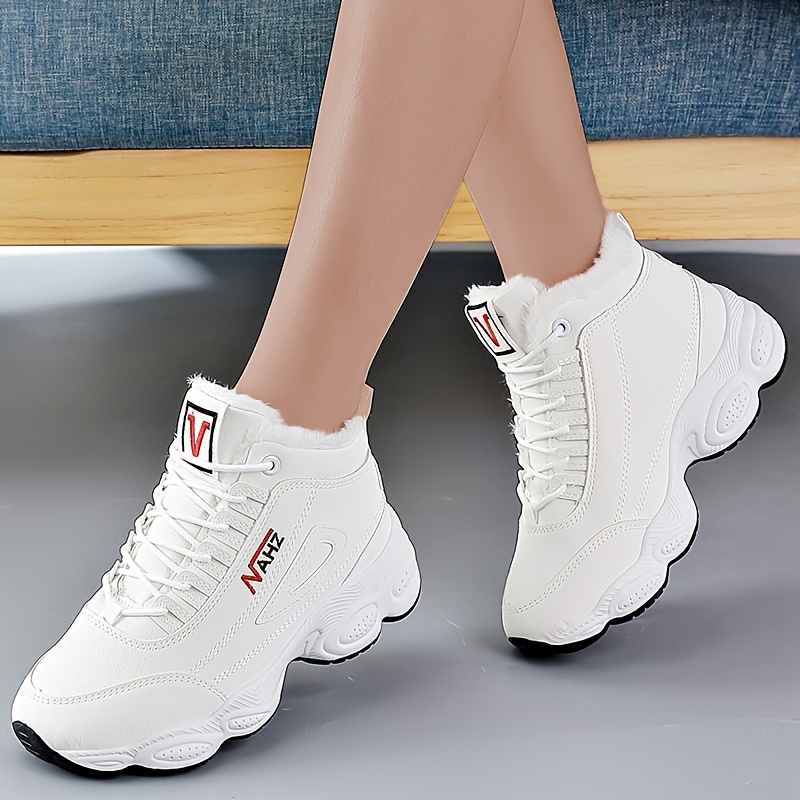 womens solid color fluffy sneakers lace up soft sole platform warm lined walking shoes high top plush wear resistant shoes details 0