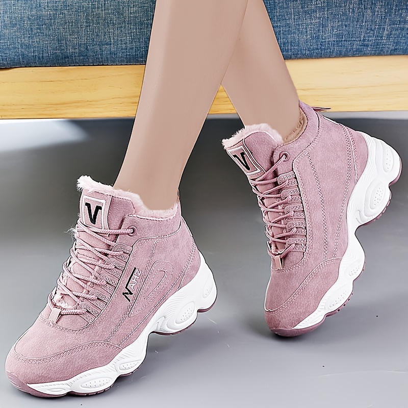 womens solid color fluffy sneakers lace up soft sole platform warm lined walking shoes high top plush wear resistant shoes details 1