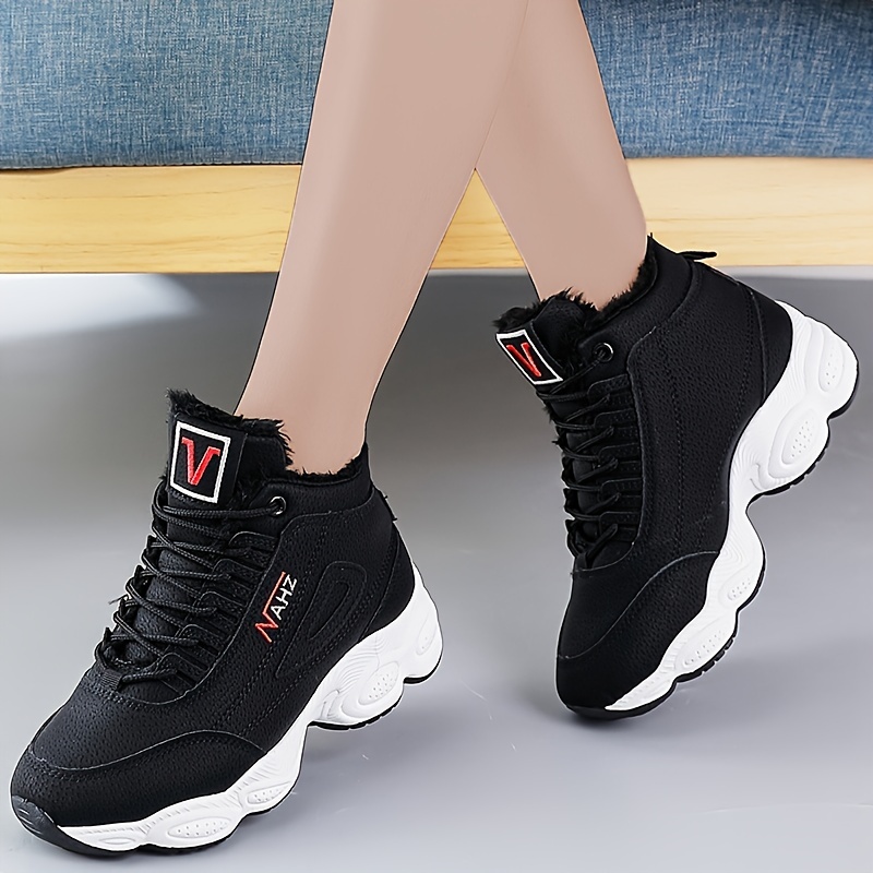 womens solid color fluffy sneakers lace up soft sole platform warm lined walking shoes high top plush wear resistant shoes details 2