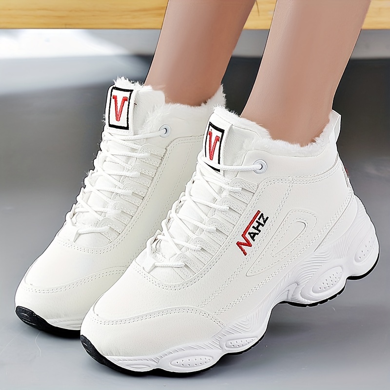 womens solid color fluffy sneakers lace up soft sole platform warm lined walking shoes high top plush wear resistant shoes details 3