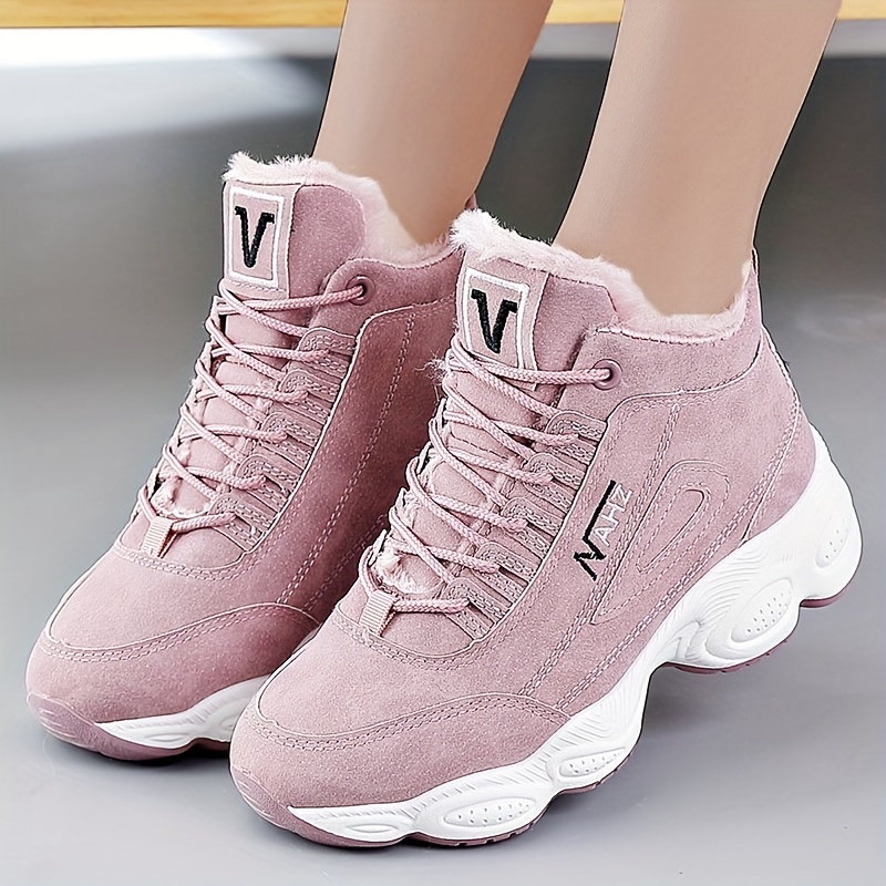 womens solid color fluffy sneakers lace up soft sole platform warm lined walking shoes high top plush wear resistant shoes details 4