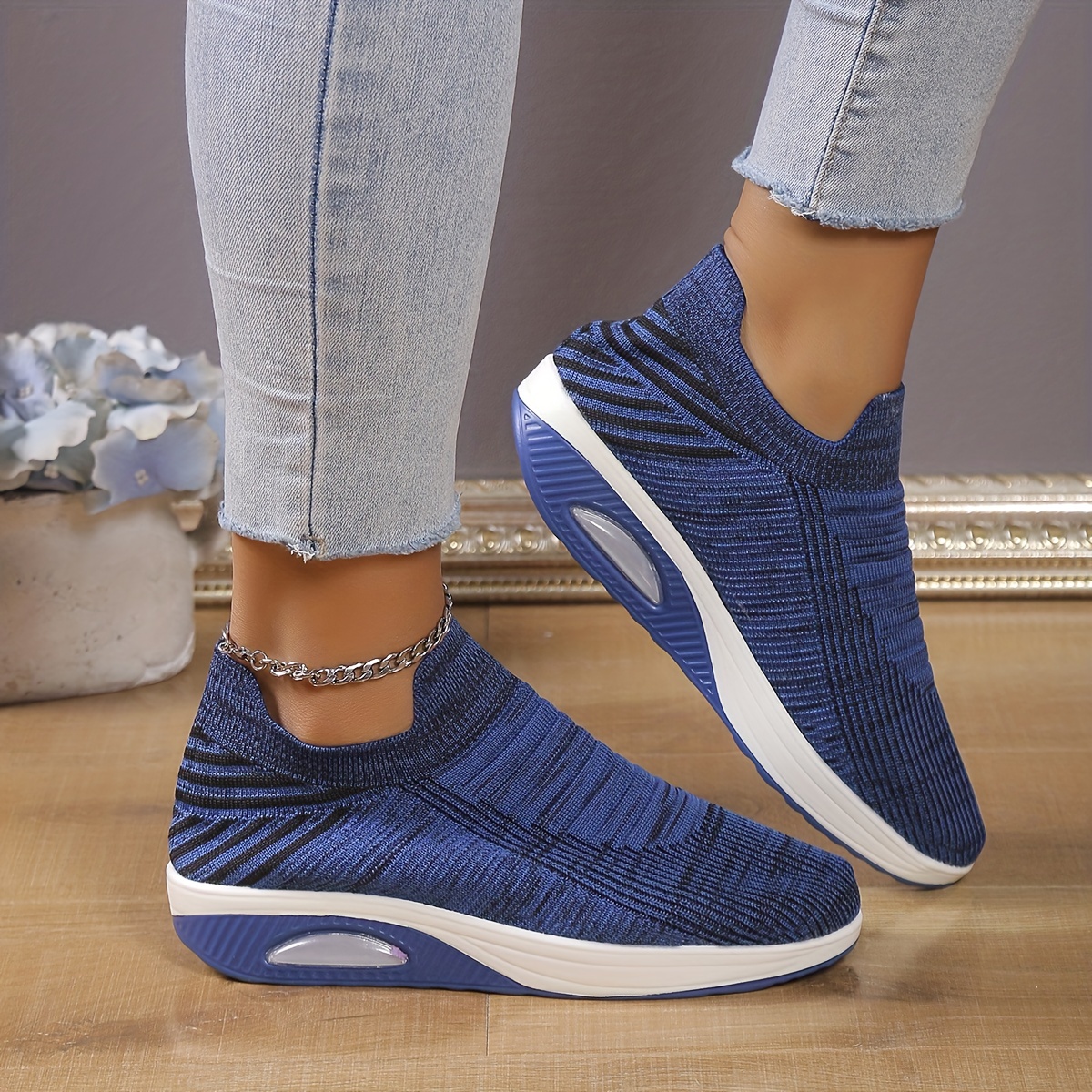 womens solid color platform sneakers slip on low top round toe non slip knit breathable shoes comfy outdoor shoes details 0