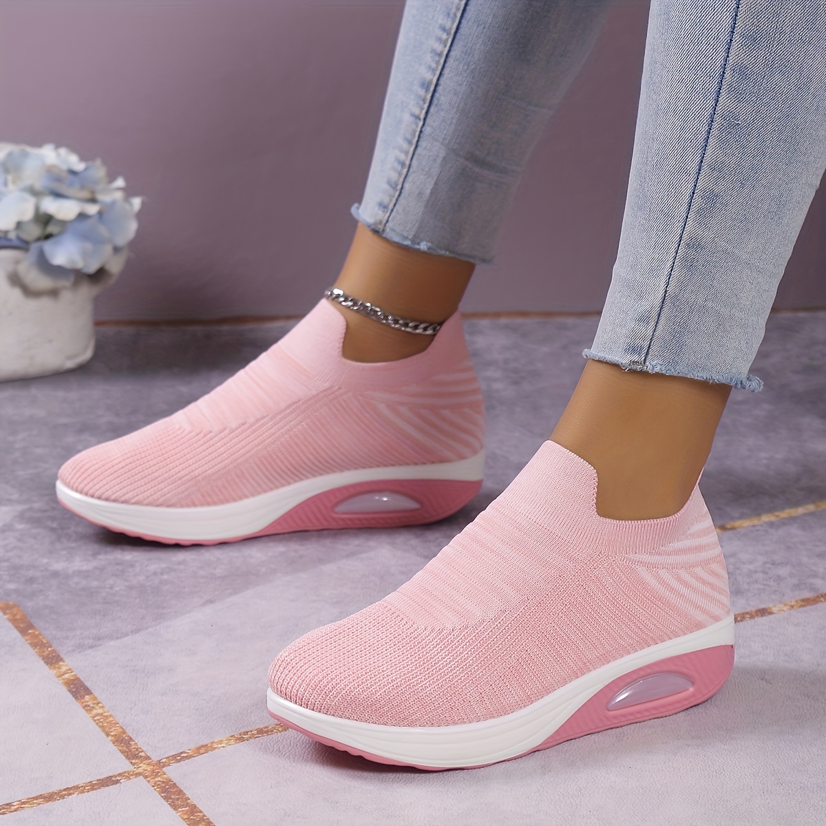 womens solid color platform sneakers slip on low top round toe non slip knit breathable shoes comfy outdoor shoes details 1