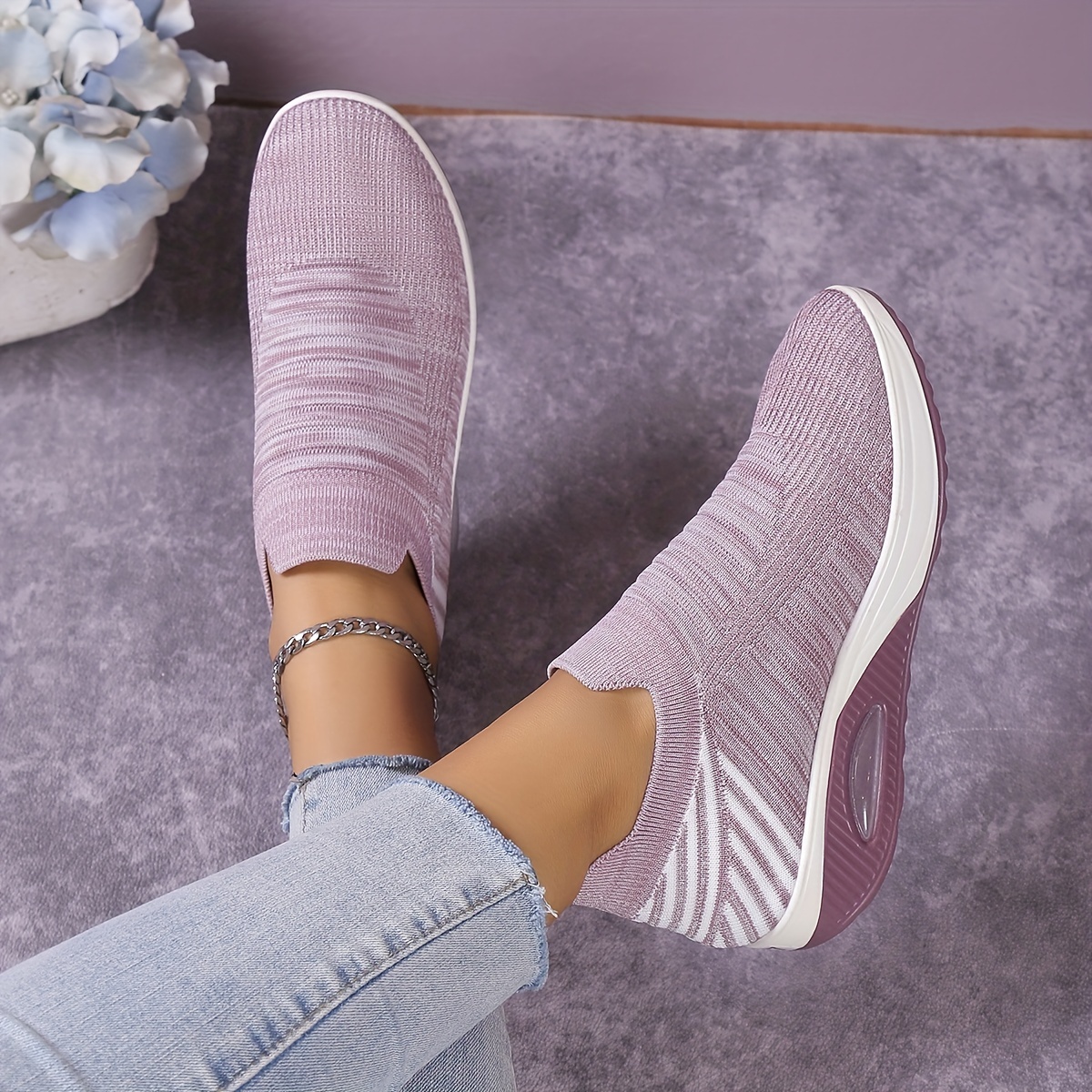 womens solid color platform sneakers slip on low top round toe non slip knit breathable shoes comfy outdoor shoes details 2