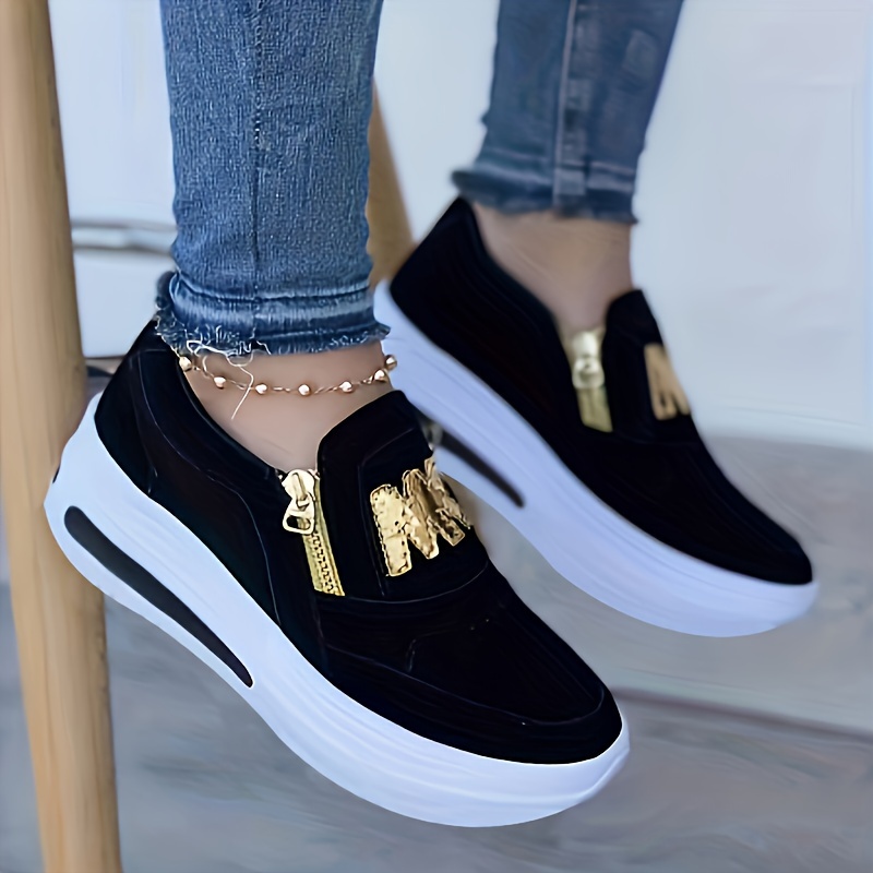 womens platform walking sneakers fashion side zipper low top trainers all match sports shoes details 4