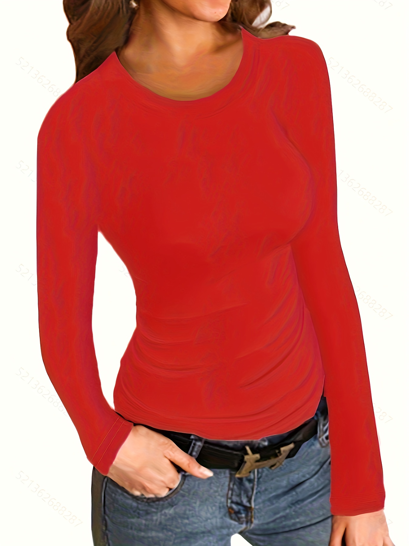 solid ribbed long sleeve skinny t shirt versatile crew neck slim top womens clothing details 3