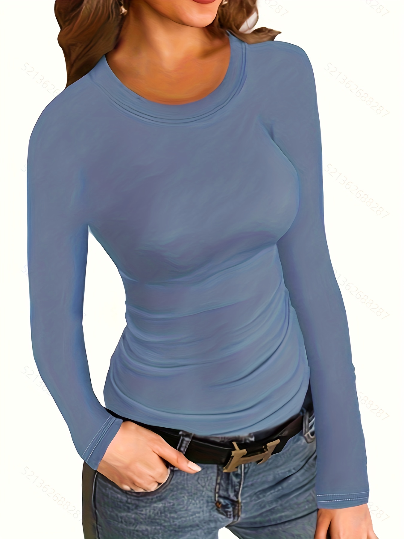 solid ribbed long sleeve skinny t shirt versatile crew neck slim top womens clothing details 6