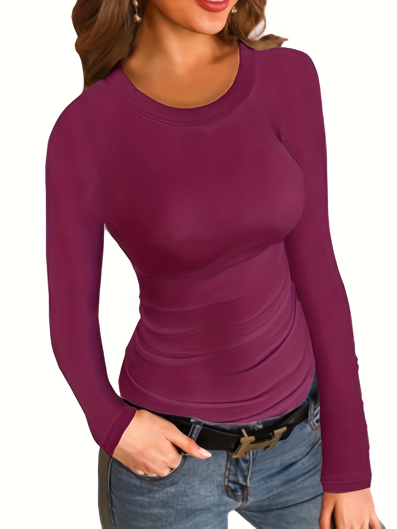 solid ribbed long sleeve skinny t shirt versatile crew neck slim top womens clothing details 21