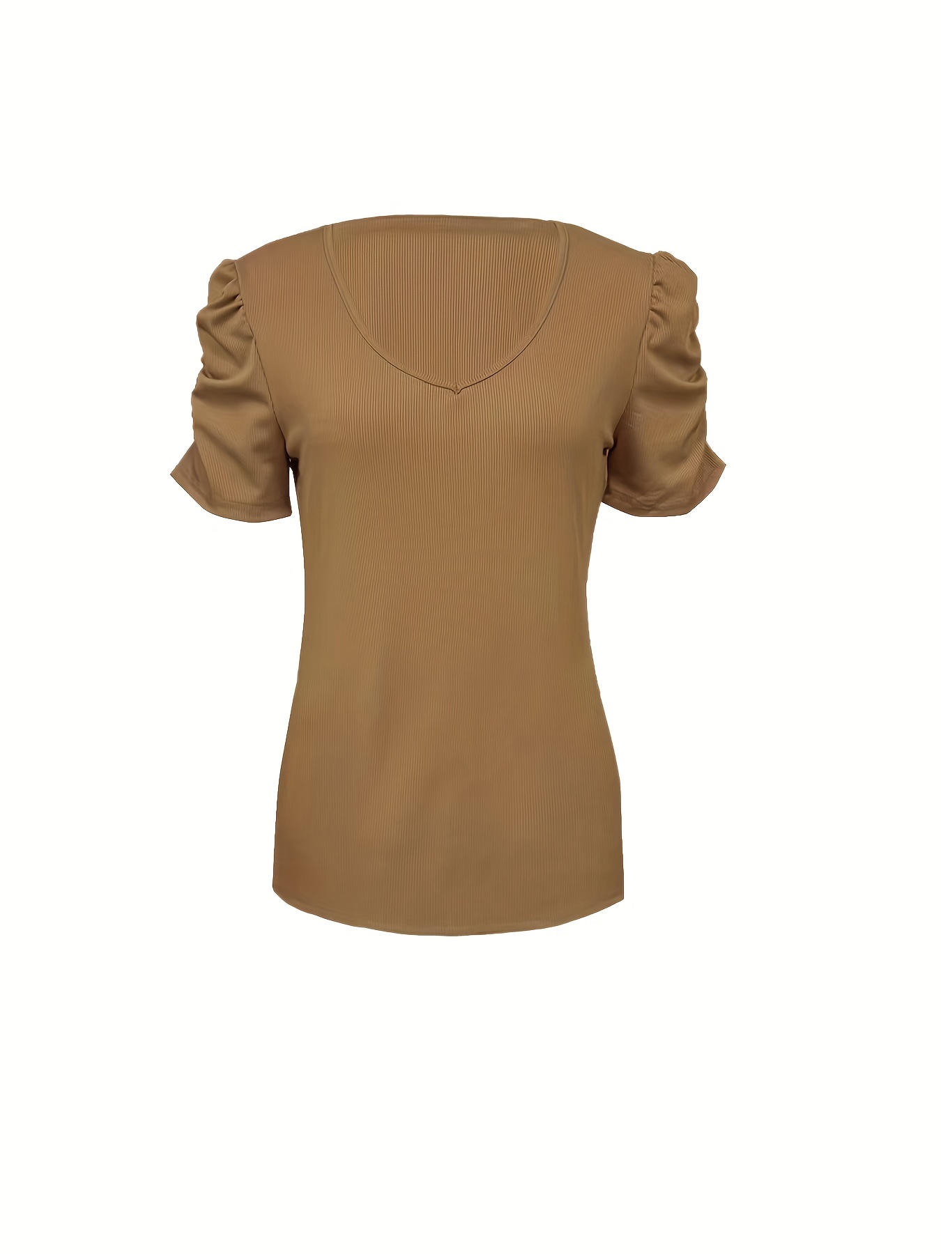 solid ribbed v neck t shirt casual puff sleeve t shirt for spring summer womens clothing details 5