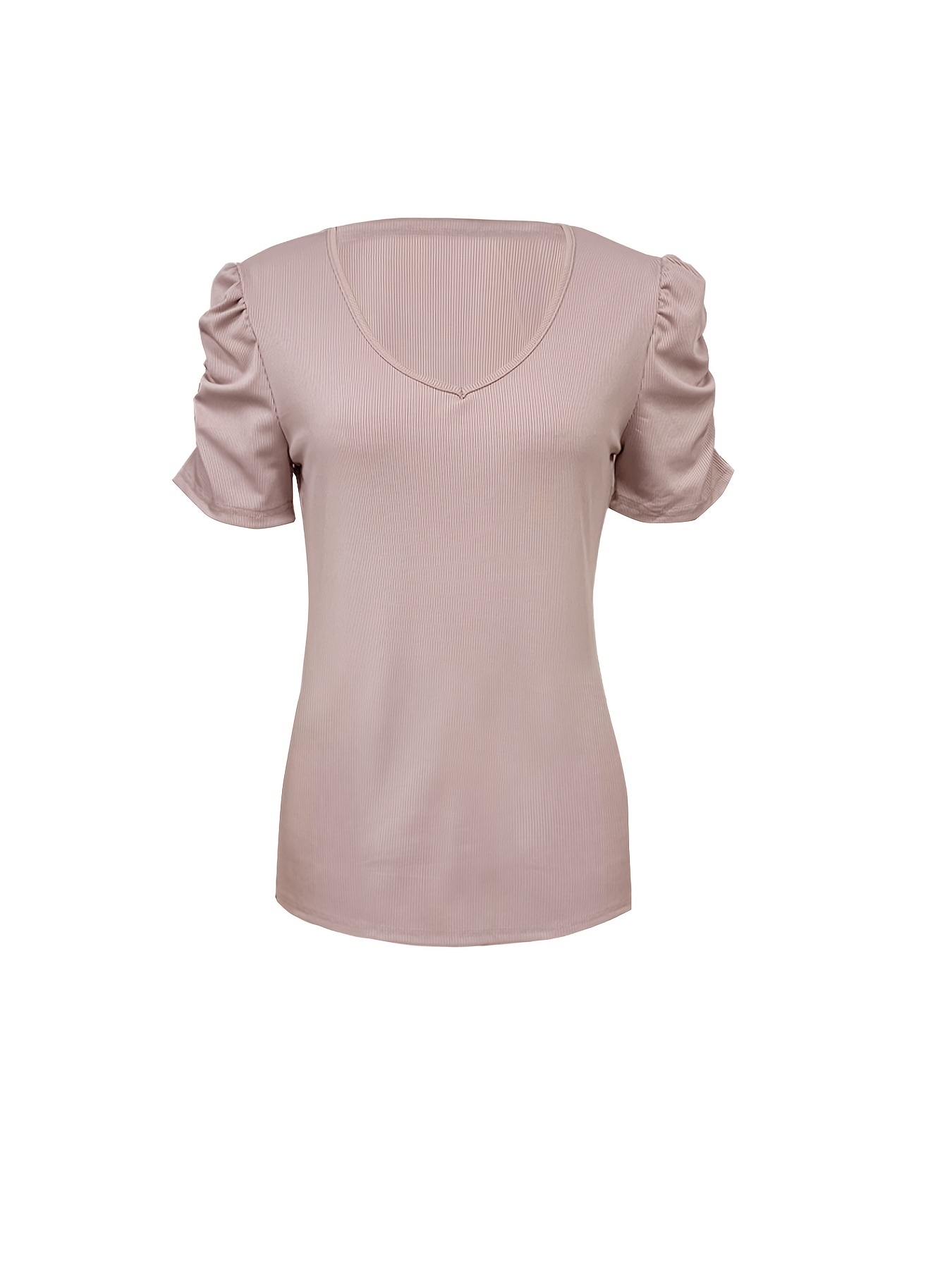 solid ribbed v neck t shirt casual puff sleeve t shirt for spring summer womens clothing details 15