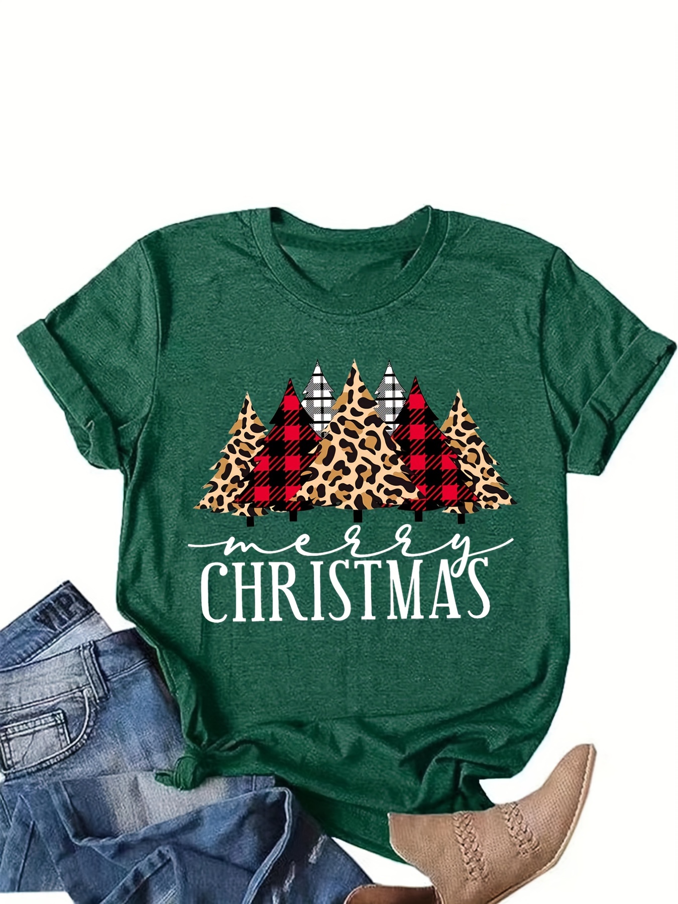 christmas tree print t shirt casual crew neck short sleeve t shirt womens clothing details 0