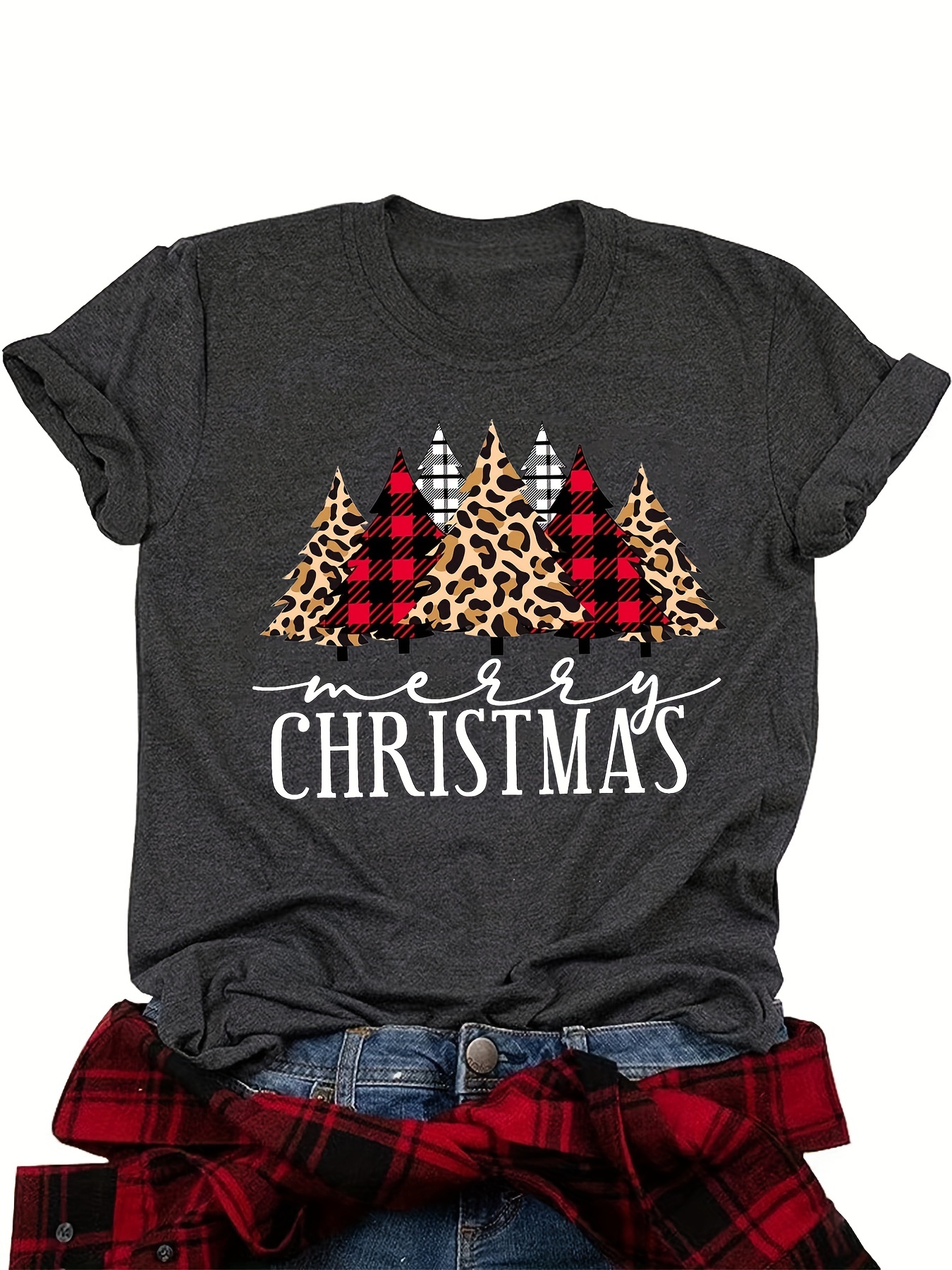 christmas tree print t shirt casual crew neck short sleeve t shirt womens clothing details 4