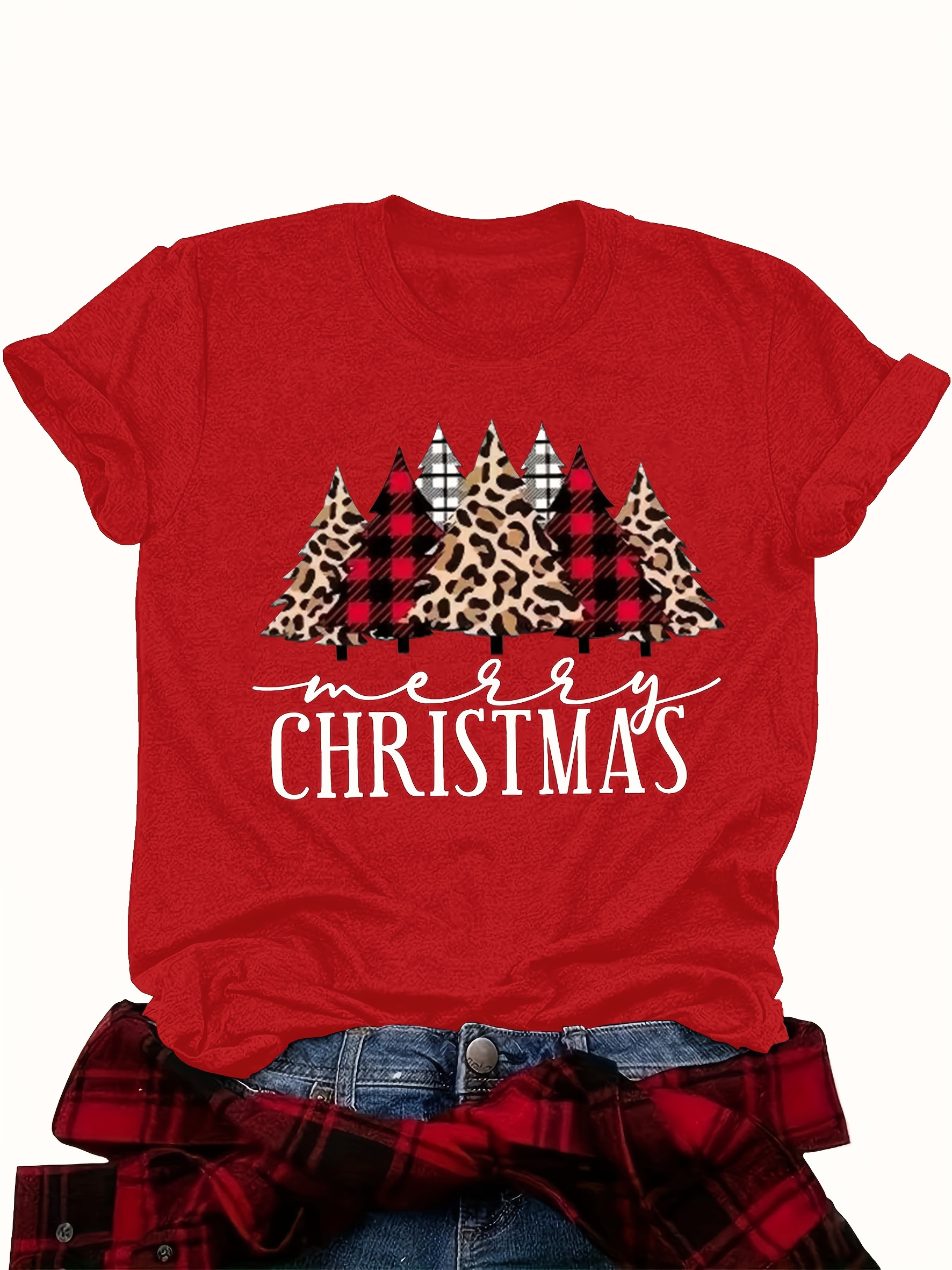 leopard christmas tree print t shirt casual short sleeve crew neck top womens clothing details 0