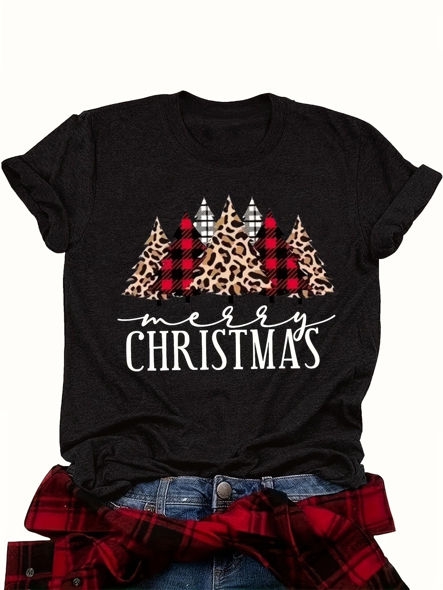 leopard christmas tree print t shirt casual short sleeve crew neck top womens clothing details 3