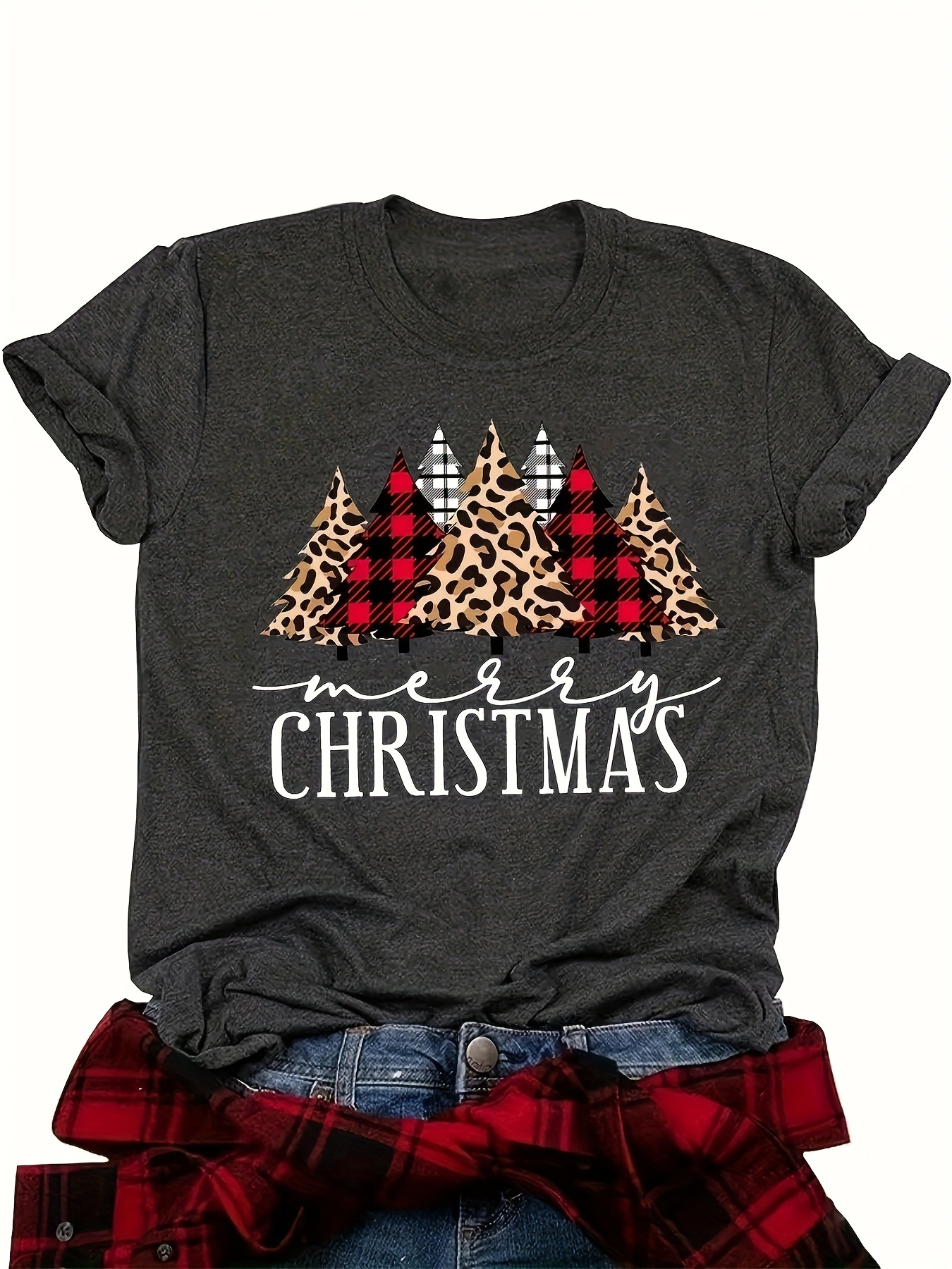 leopard christmas tree print t shirt casual short sleeve crew neck top womens clothing details 7