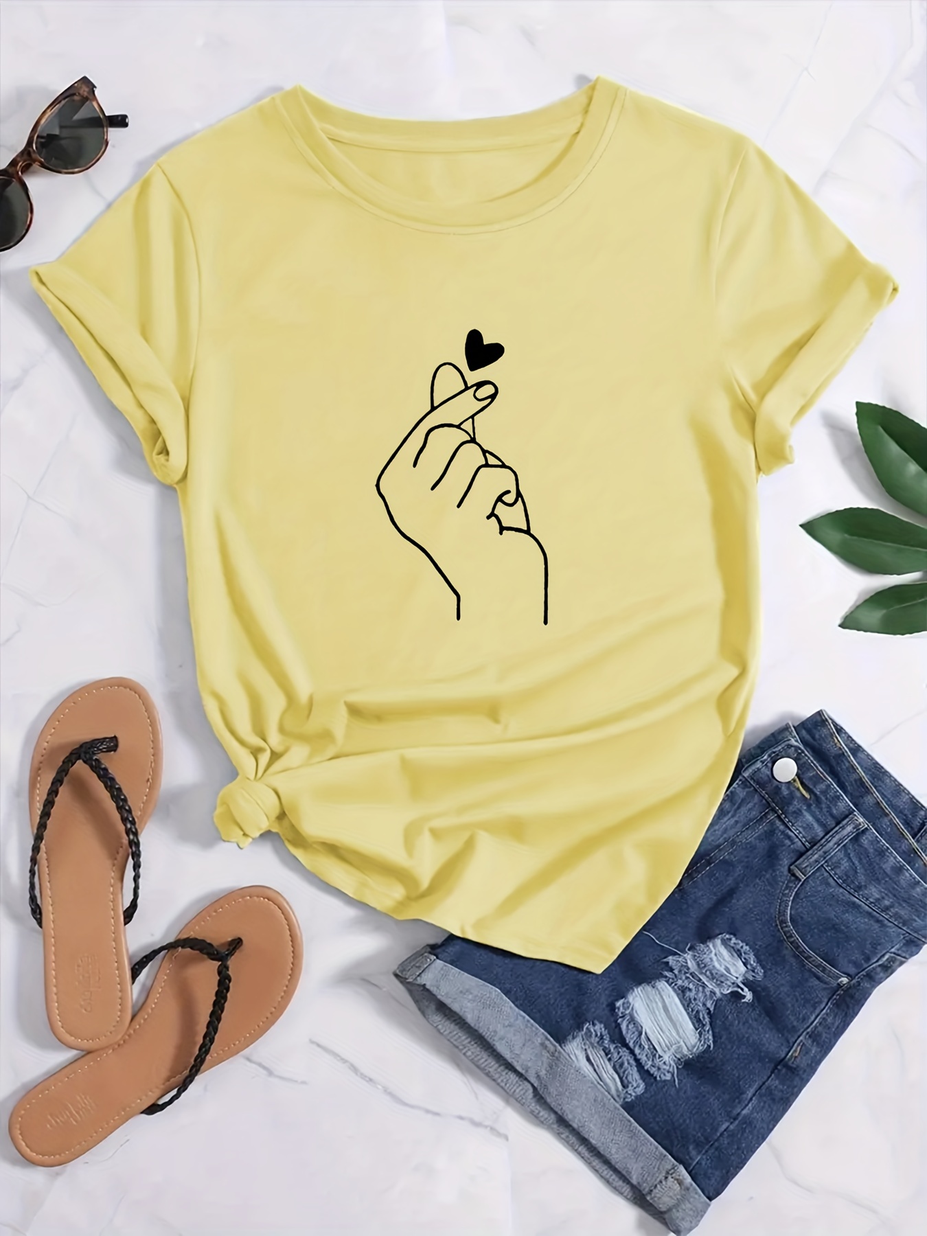 finger heart print t shirt short sleeve crew neck casual top for summer spring womens clothing details 0