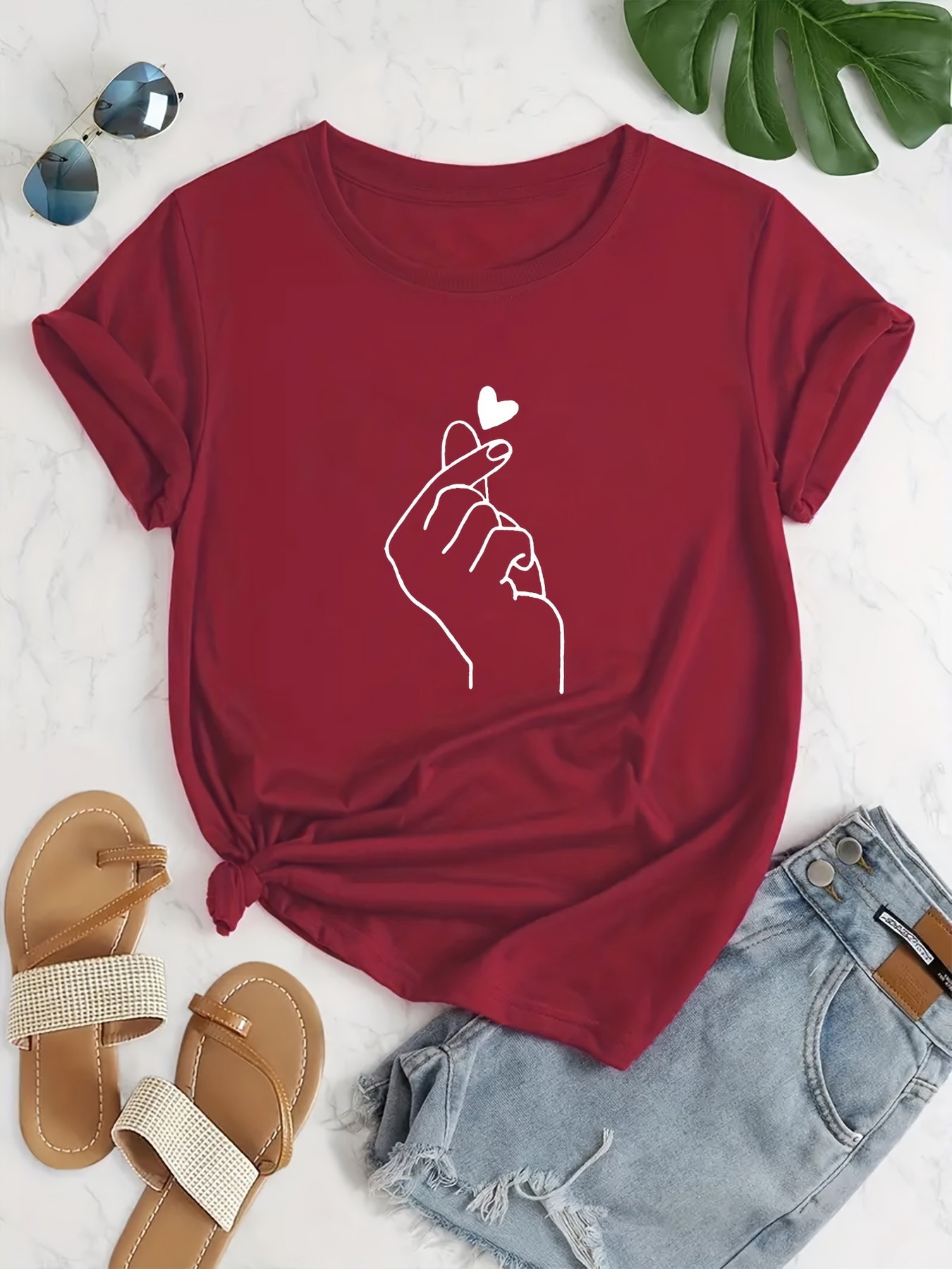 finger heart print t shirt short sleeve crew neck casual top for summer spring womens clothing details 5