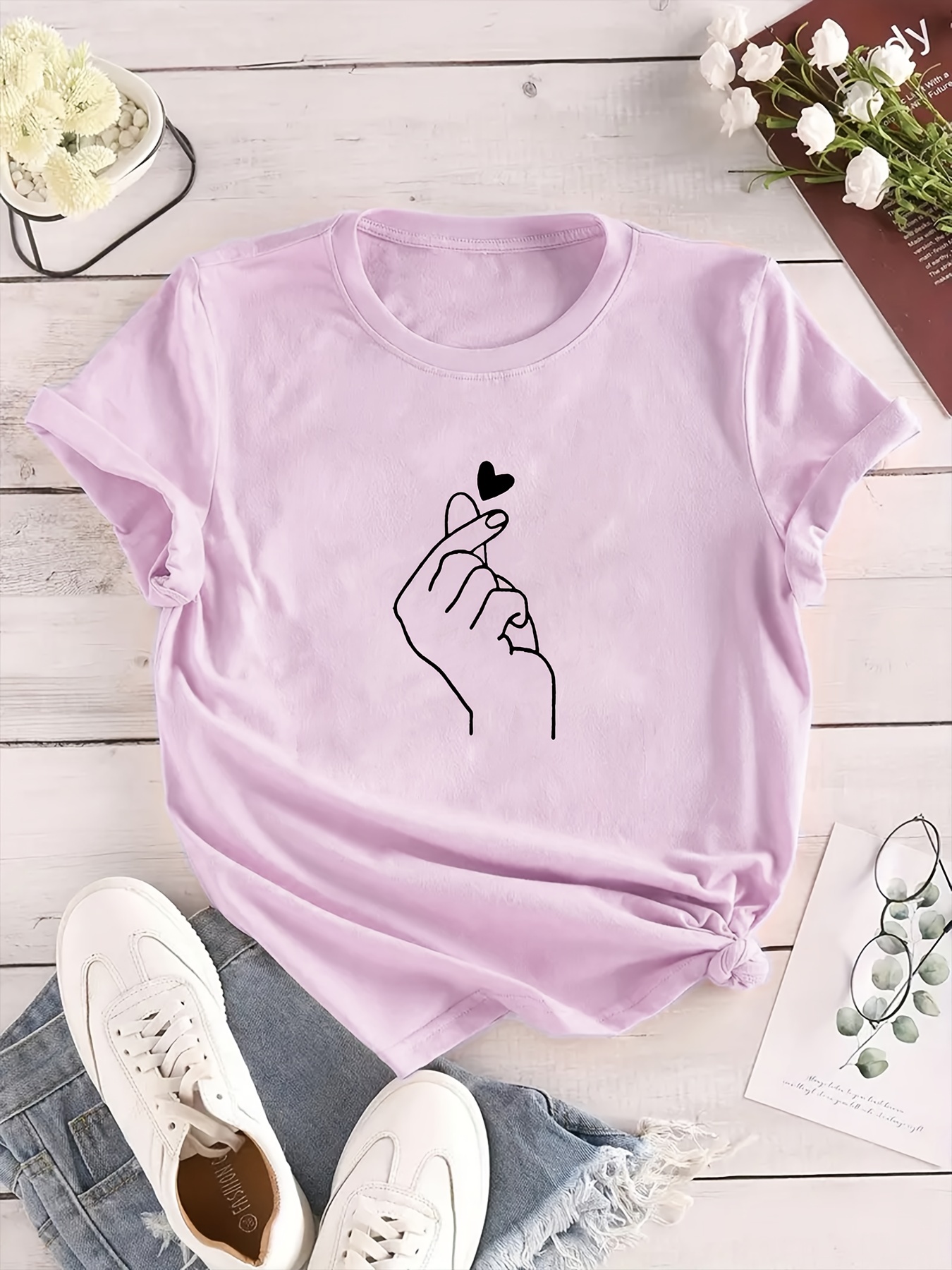 finger heart print t shirt short sleeve crew neck casual top for summer spring womens clothing details 10