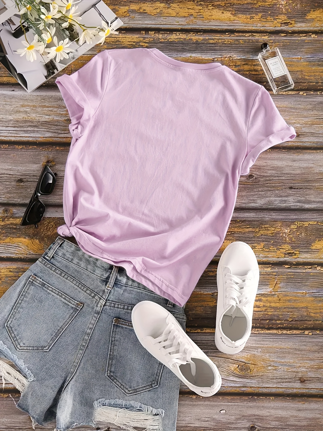 finger heart print t shirt short sleeve crew neck casual top for summer spring womens clothing details 11