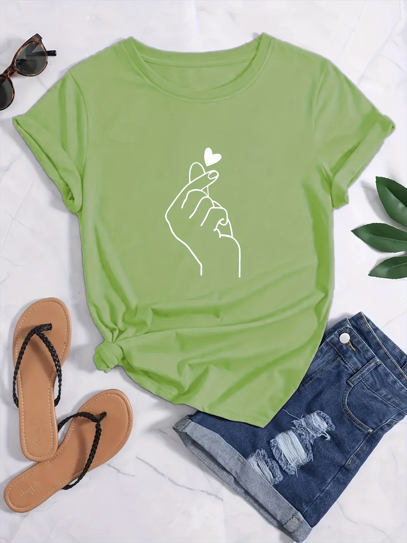 finger heart print t shirt short sleeve crew neck casual top for summer spring womens clothing details 14