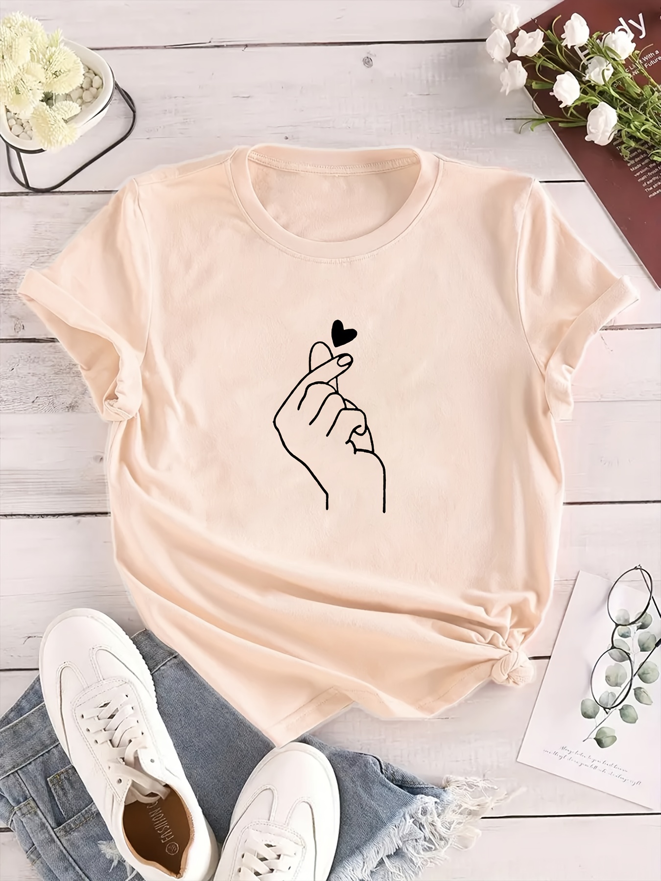 finger heart print t shirt short sleeve crew neck casual top for summer spring womens clothing details 18