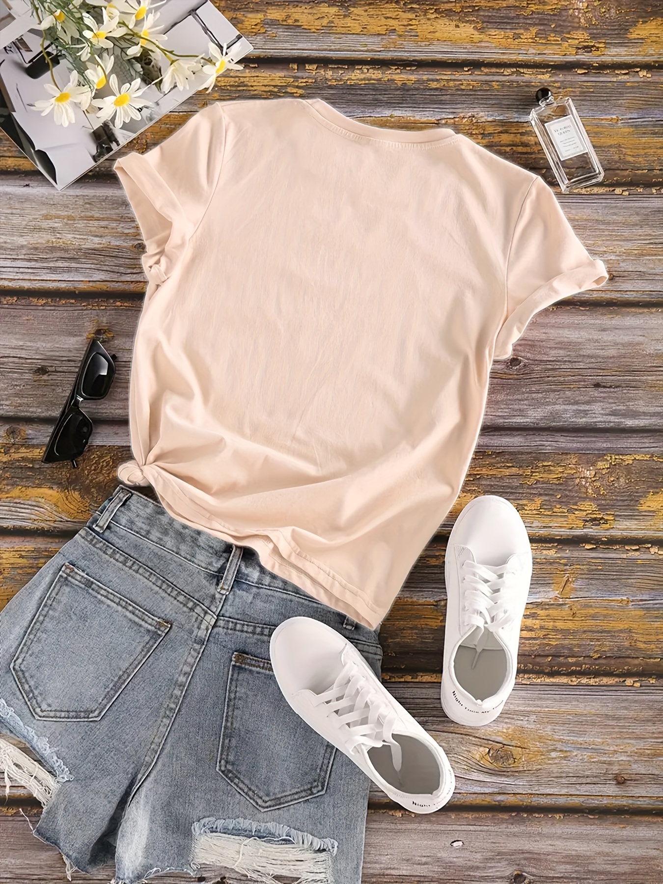 finger heart print t shirt short sleeve crew neck casual top for summer spring womens clothing details 19