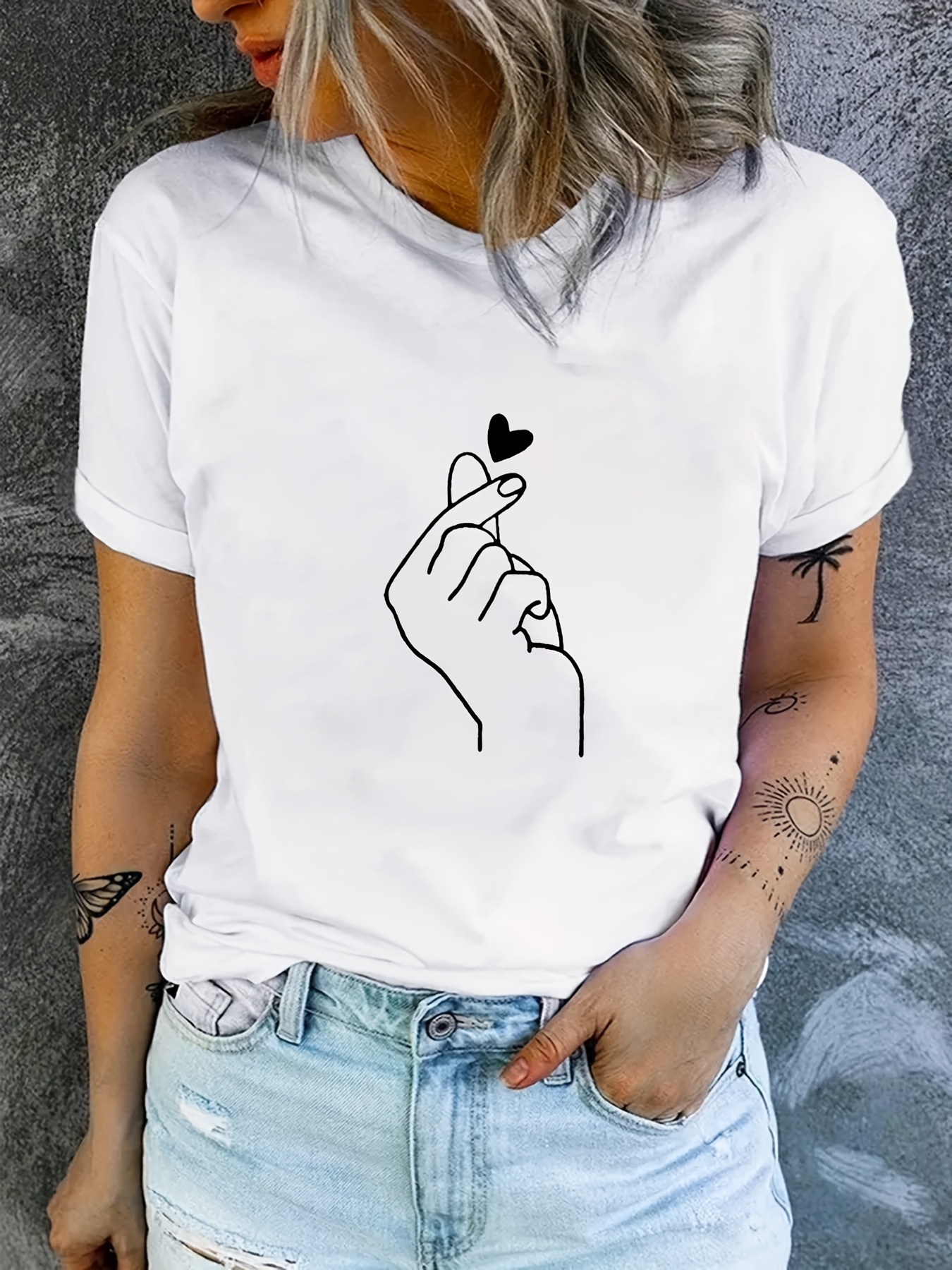 finger heart print t shirt short sleeve crew neck casual top for summer spring womens clothing details 22