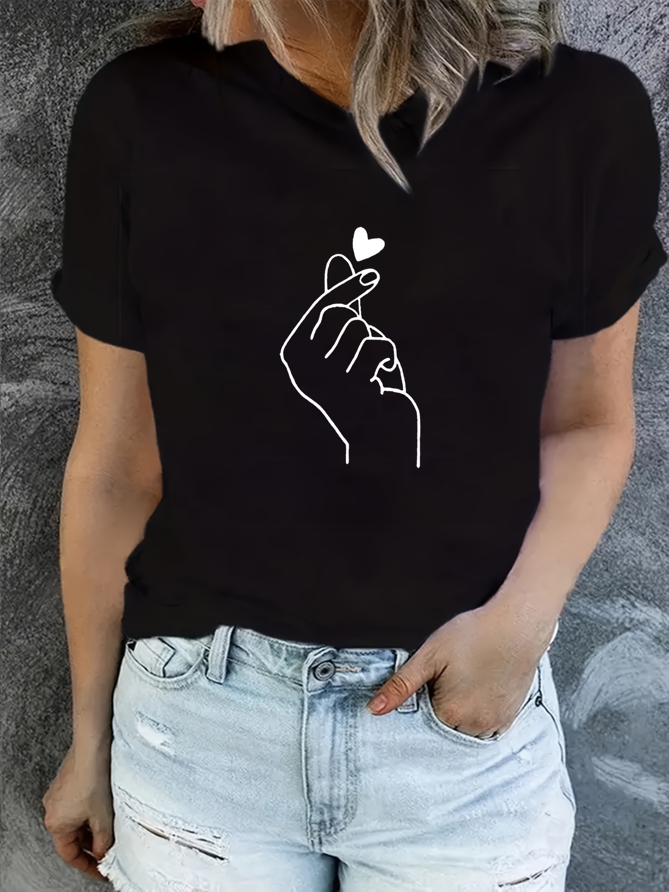 finger heart print t shirt short sleeve crew neck casual top for summer spring womens clothing details 28