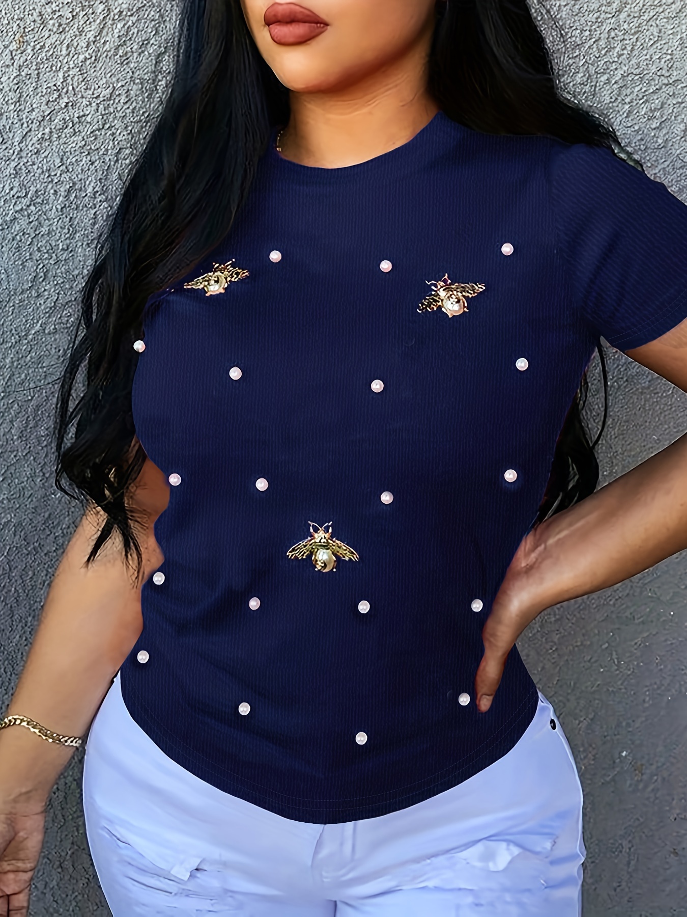 beaded butterfly decor t shirt crew neck short sleeve t shirt casual every day tops womens clothing details 0