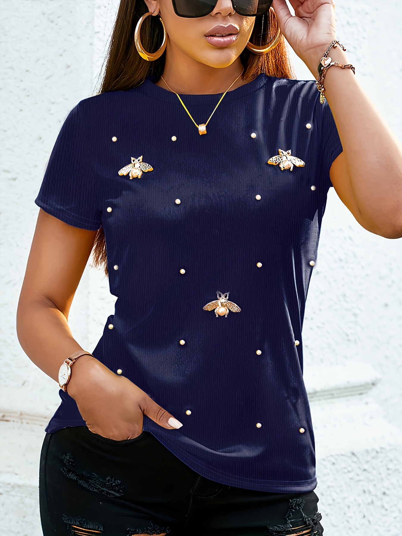 beaded butterfly decor t shirt crew neck short sleeve t shirt casual every day tops womens clothing details 1