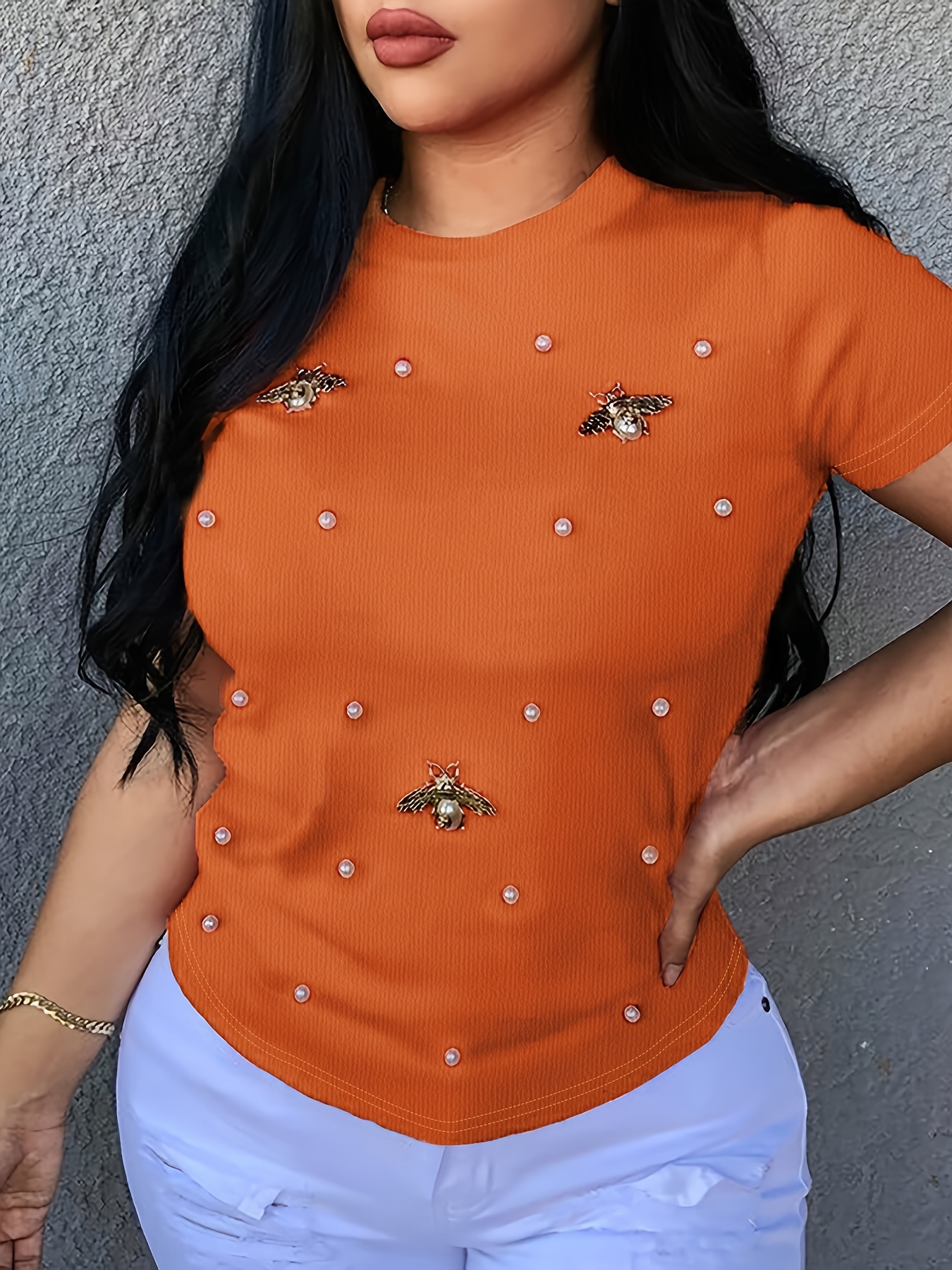 beaded butterfly decor t shirt crew neck short sleeve t shirt casual every day tops womens clothing details 4