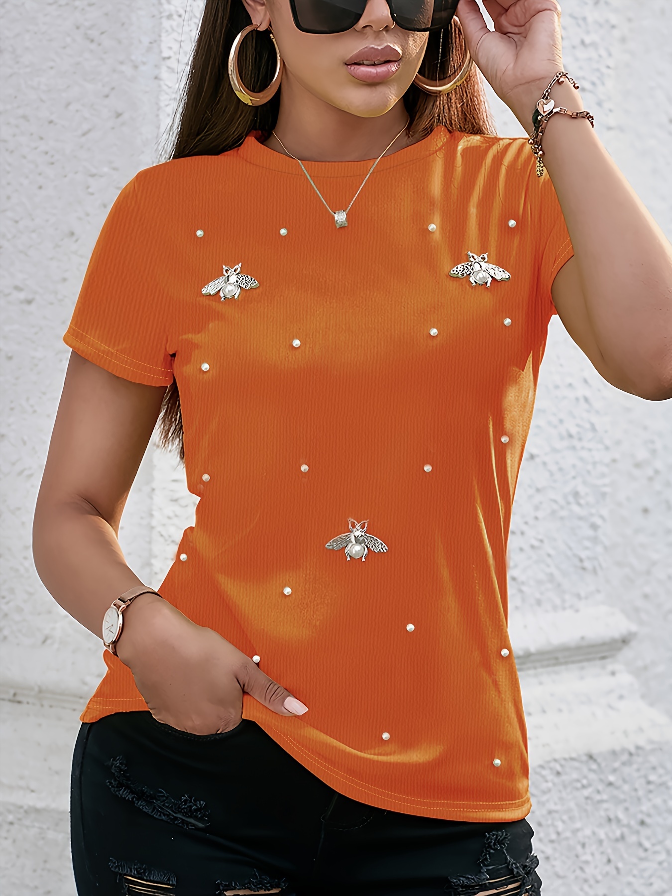 beaded butterfly decor t shirt crew neck short sleeve t shirt casual every day tops womens clothing details 6