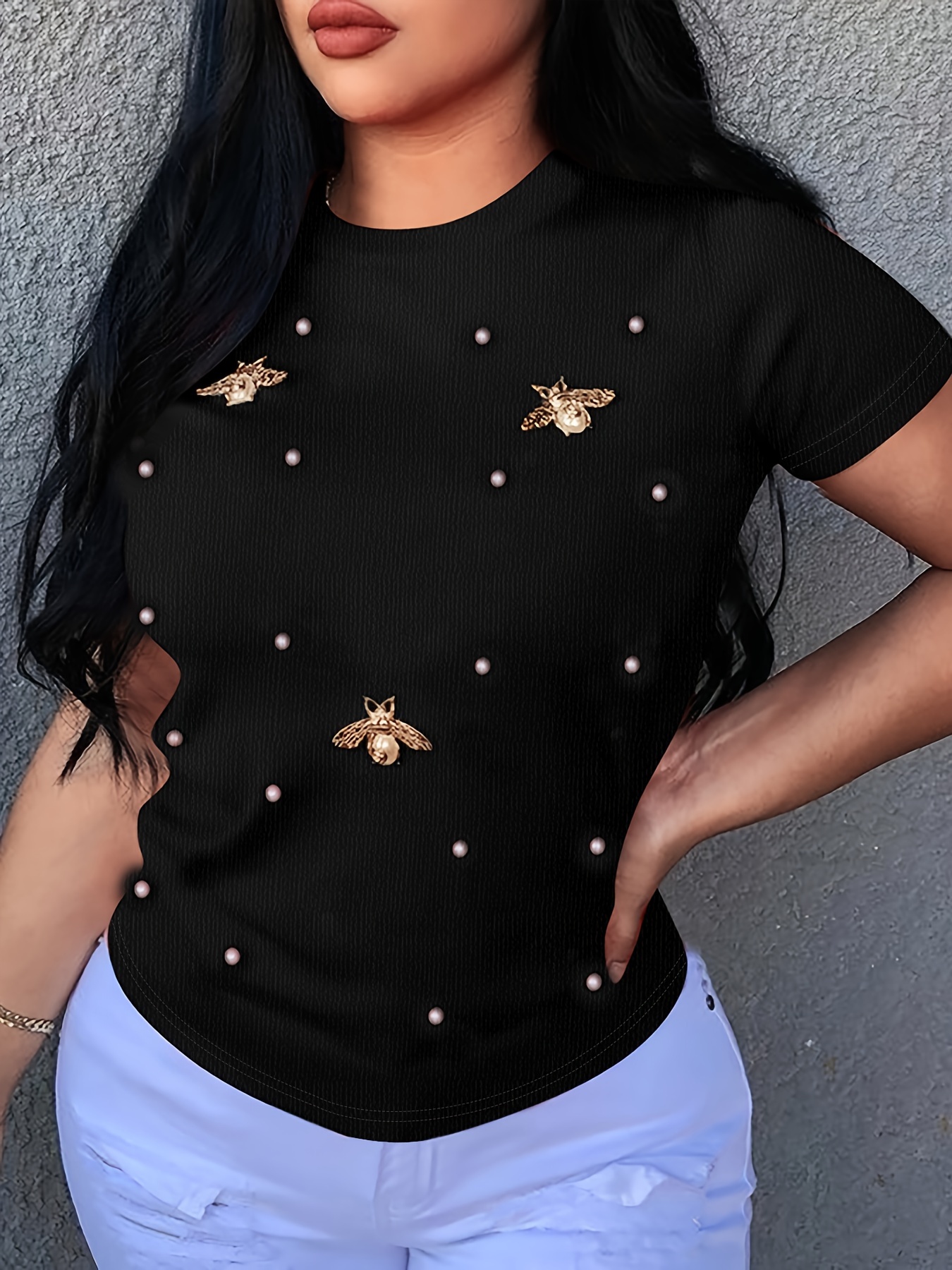 beaded butterfly decor t shirt crew neck short sleeve t shirt casual every day tops womens clothing details 9