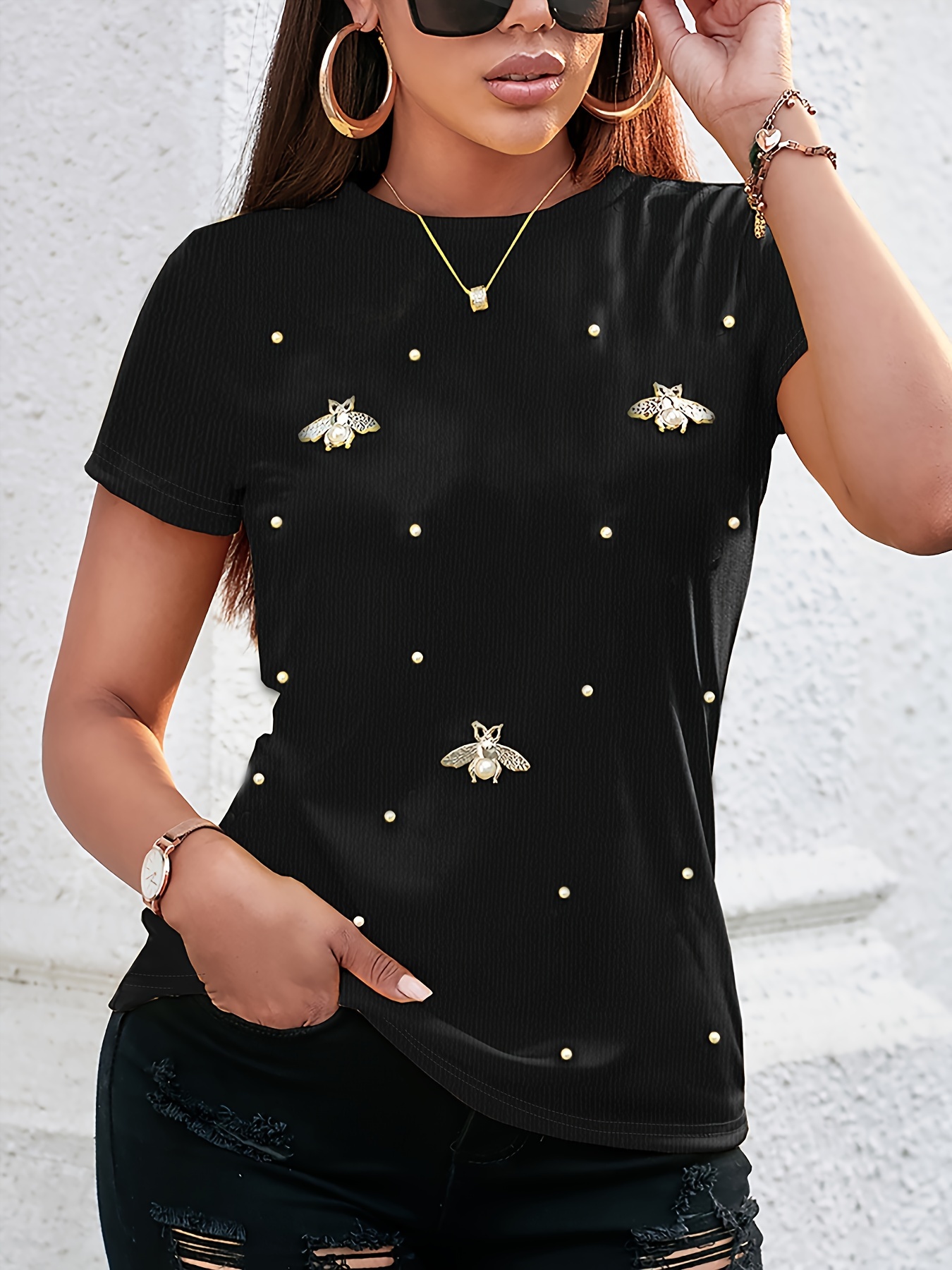 beaded butterfly decor t shirt crew neck short sleeve t shirt casual every day tops womens clothing details 10