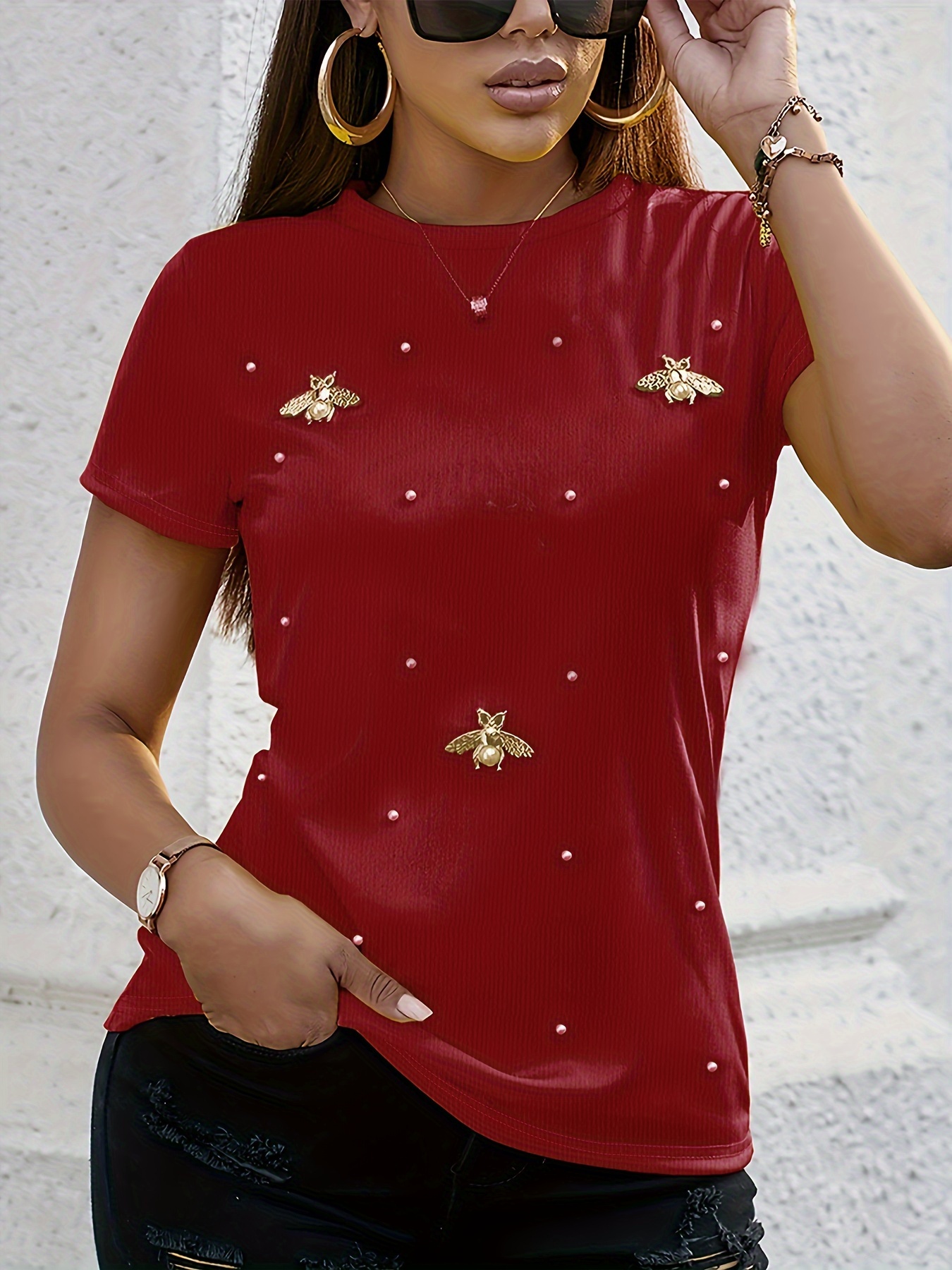 beaded butterfly decor t shirt crew neck short sleeve t shirt casual every day tops womens clothing details 16