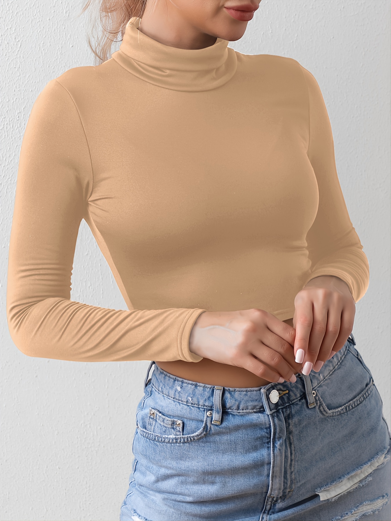 turtle neck skinny crop t shirt stretchy long sleeve solid t shirt casual every day tops womens clothing details 0