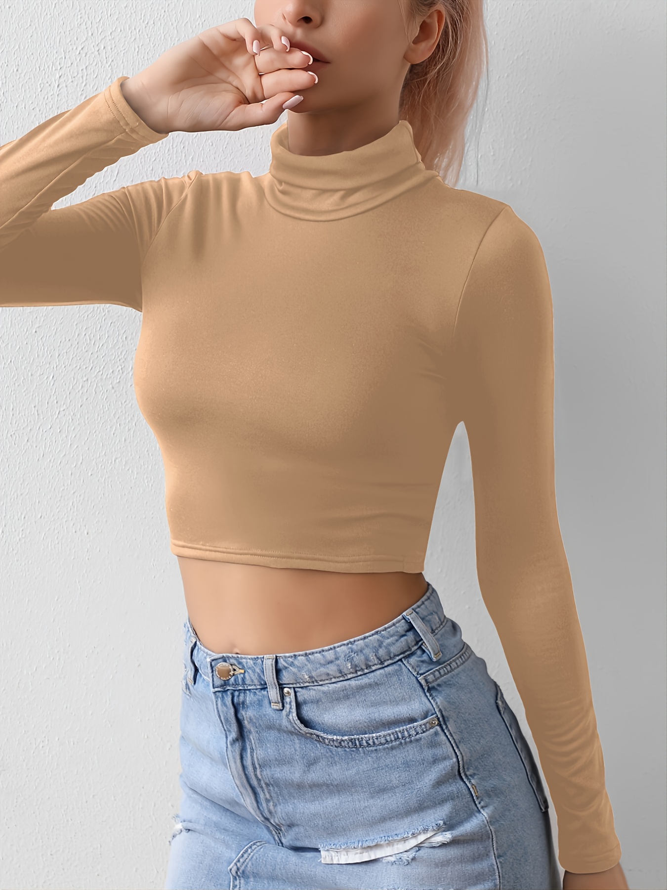 turtle neck skinny crop t shirt stretchy long sleeve solid t shirt casual every day tops womens clothing details 1